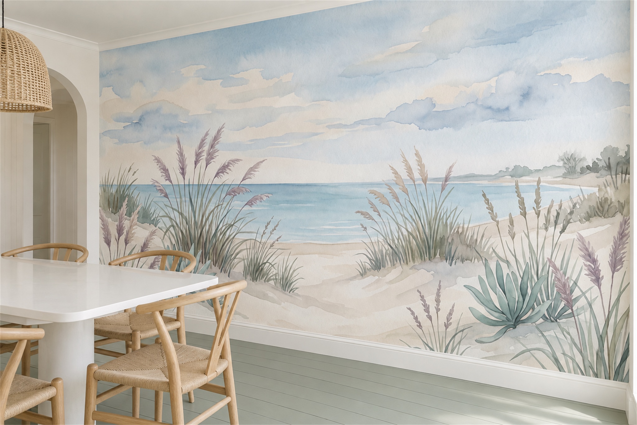 Aqua Coastal Scenic Wallpaper Mural Dining-room-wallpaper-murals, Shown In A Dining Room, Peel-and-stick Finish