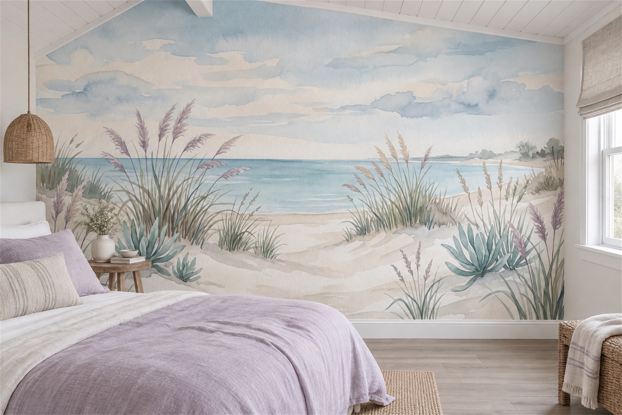 Aqua Coastal Scenic Wallpaper Mural Bedroom-wallpaper-murals, Peel-and-stick Finish