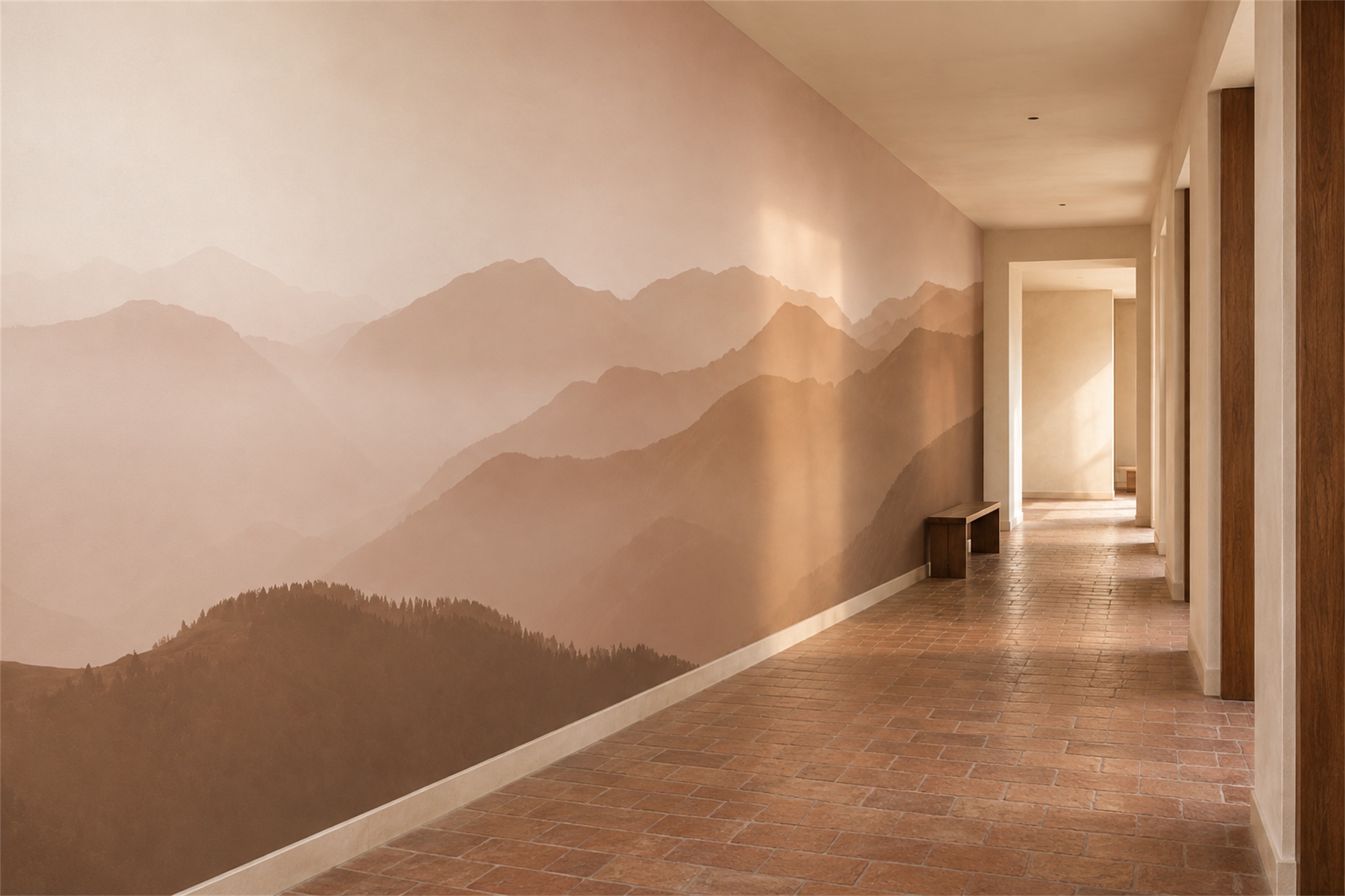 Peach Mountain Scenic Wallpaper Mural Hallway-wallpaper-murals, Peel-and-stick Finish