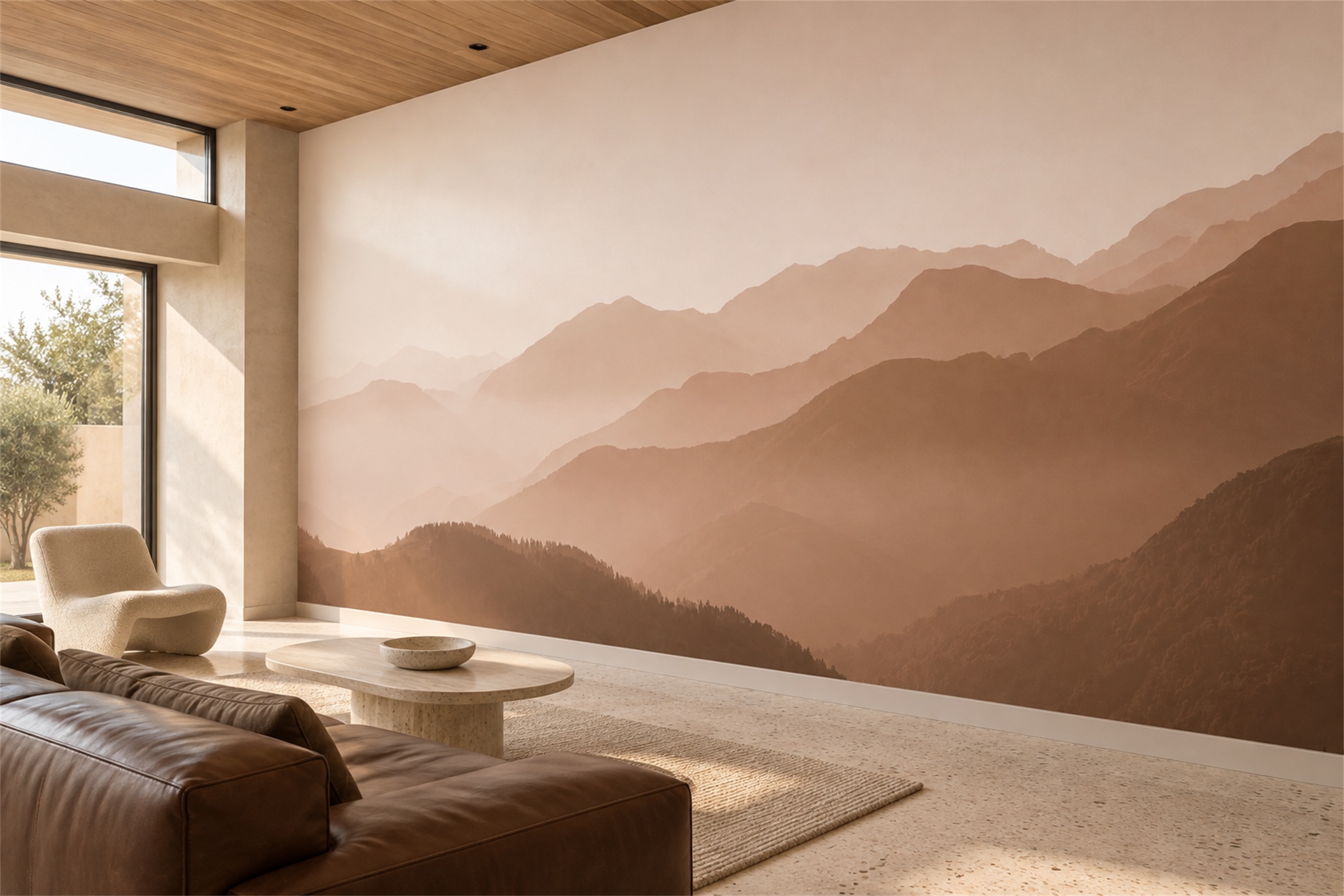 Peach Mountain Scenic Wallpaper Mural Accent-wall-wallpaper-murals, Peel-and-stick Finish