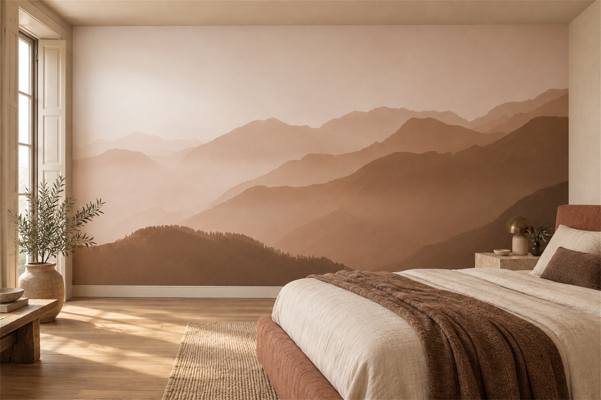 Peach Haze Layered Mountain Wallpaper Mural — Installed Wallpaper Mural In A Bedroom, Peel-and-stick Finish