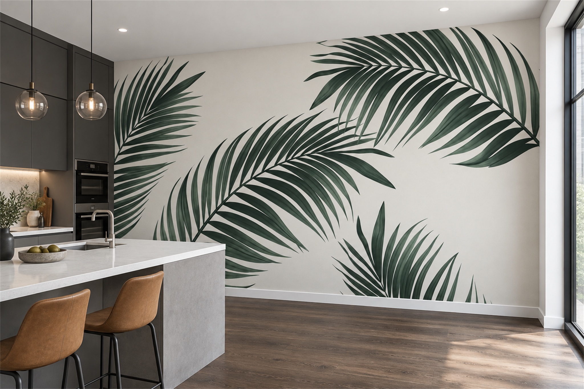 Green Palm Artful Layered Wallpaper Mural Accent-wall-wallpaper-murals, Peel-and-stick Finish