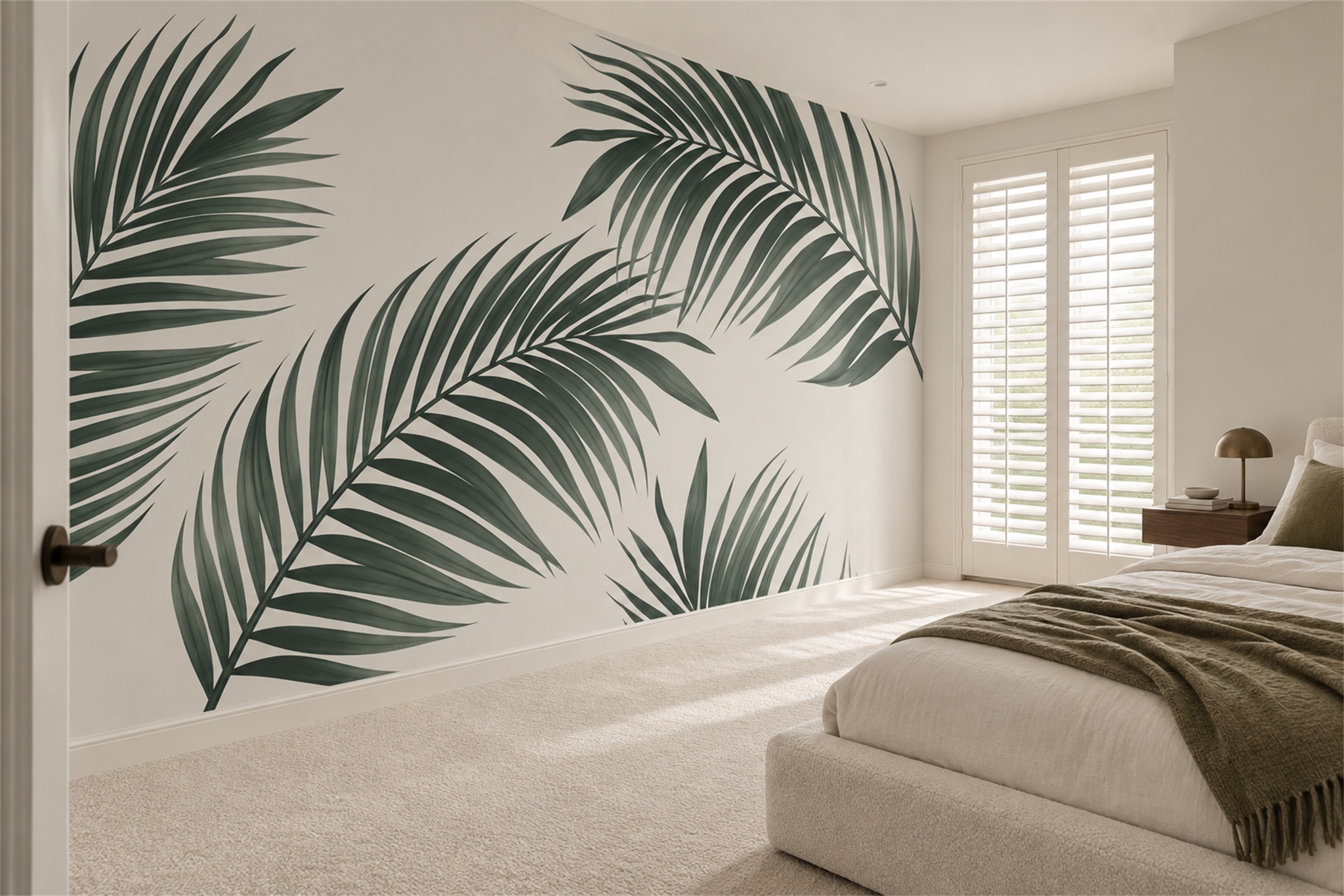 Green Palm Artful Layered Wallpaper Mural Bedroom-wallpaper-murals, Peel-and-stick Finish