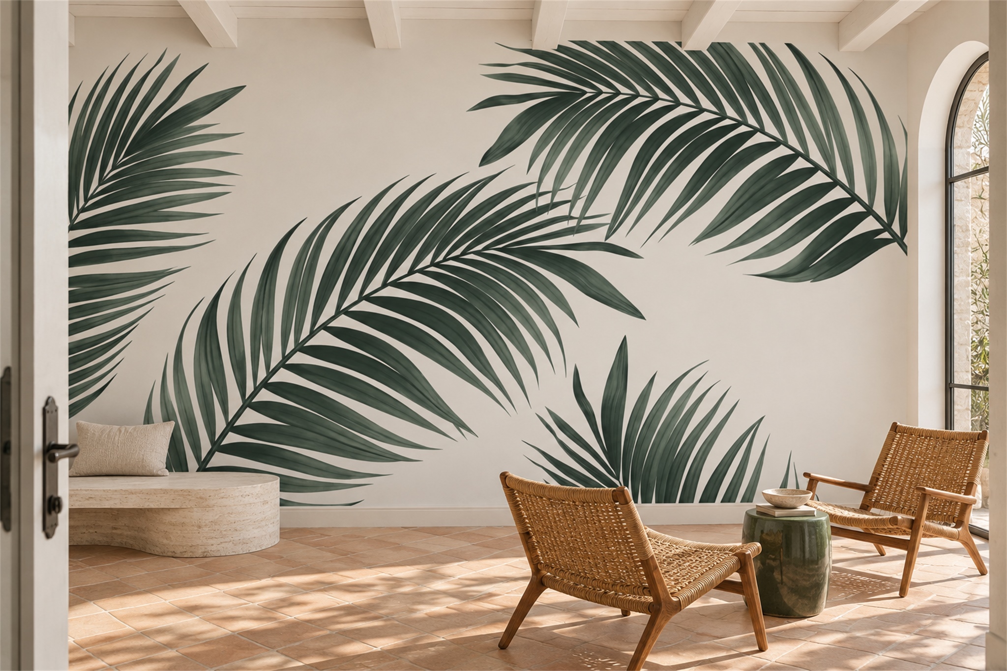 Oversized Dark Green Palm Leaves Wallpaper Mural — Wallpaper Mural Design, Peel-and-stick Finish