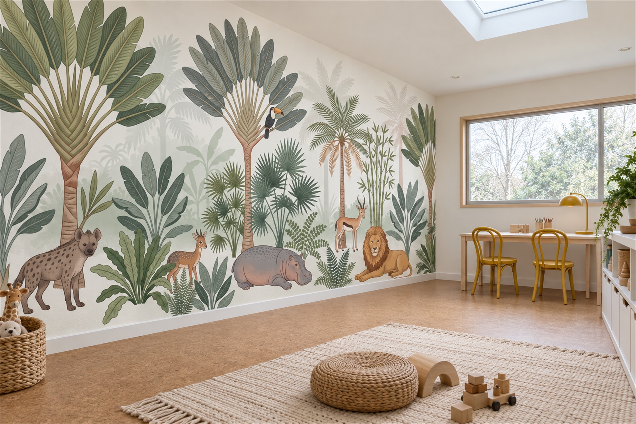 Sage Safari Animals And Foliage Toile Wallpaper Mural — Wallpaper Mural Design, Peel-and-stick Finish
