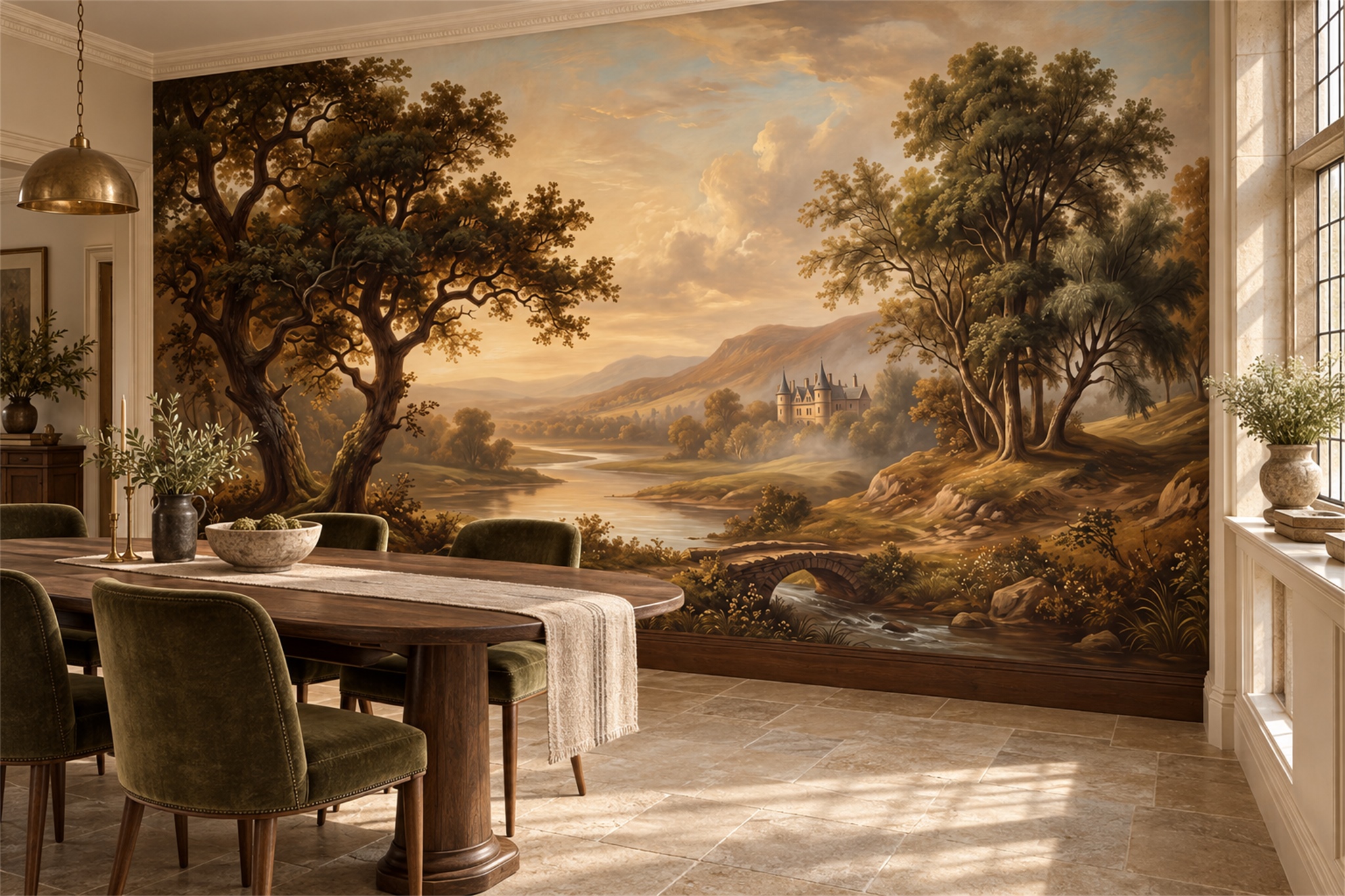 Gold Landscape Scenic Decorative Wallpaper Mural Dining-room-wallpaper-murals, Peel-and-stick Finish