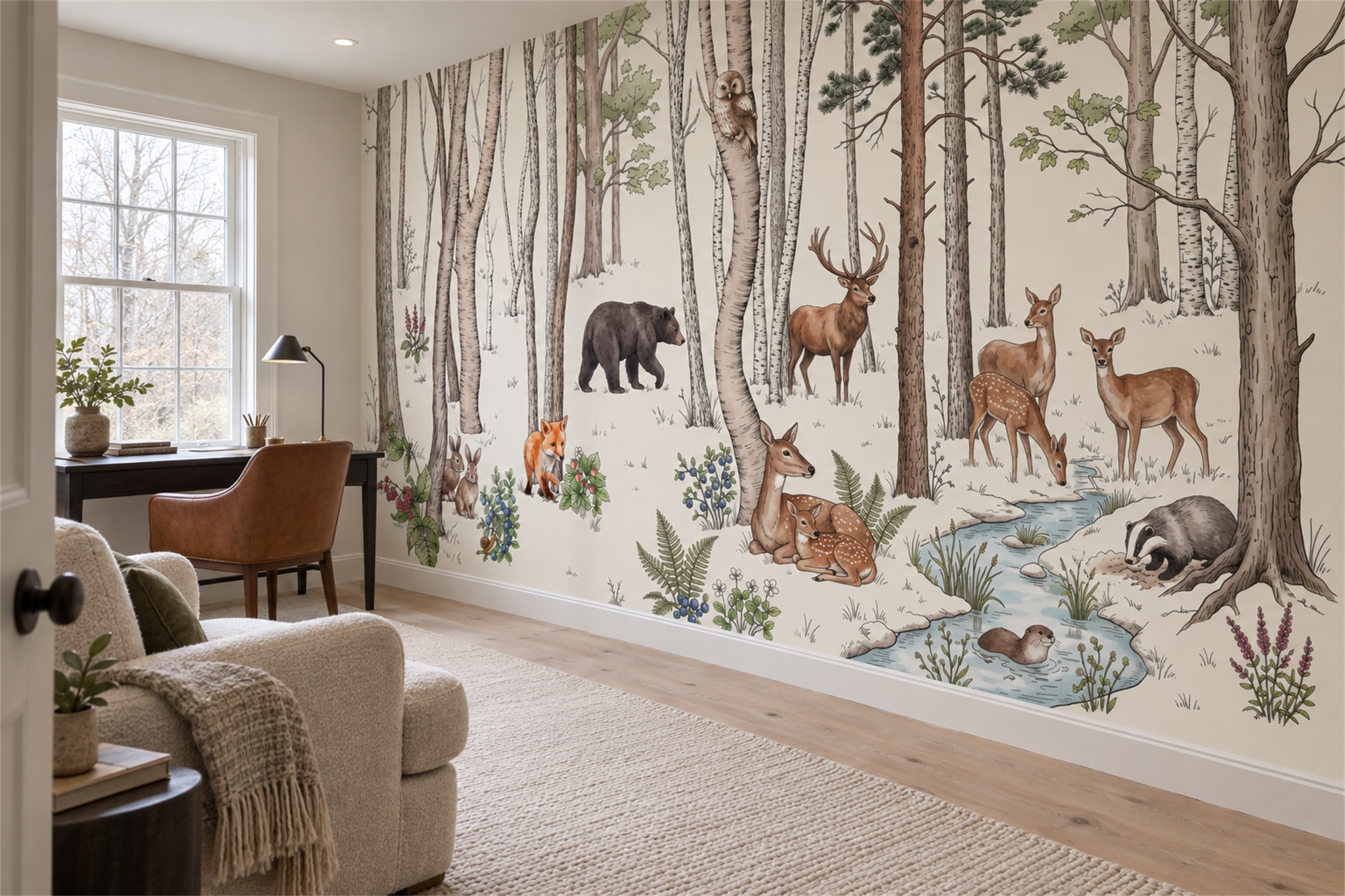 Grey Woodland Scenic Watercolour Wallpaper Mural Home-office-wallpaper-murals, Shown In A Home Office, Peel-and-stick Finish
