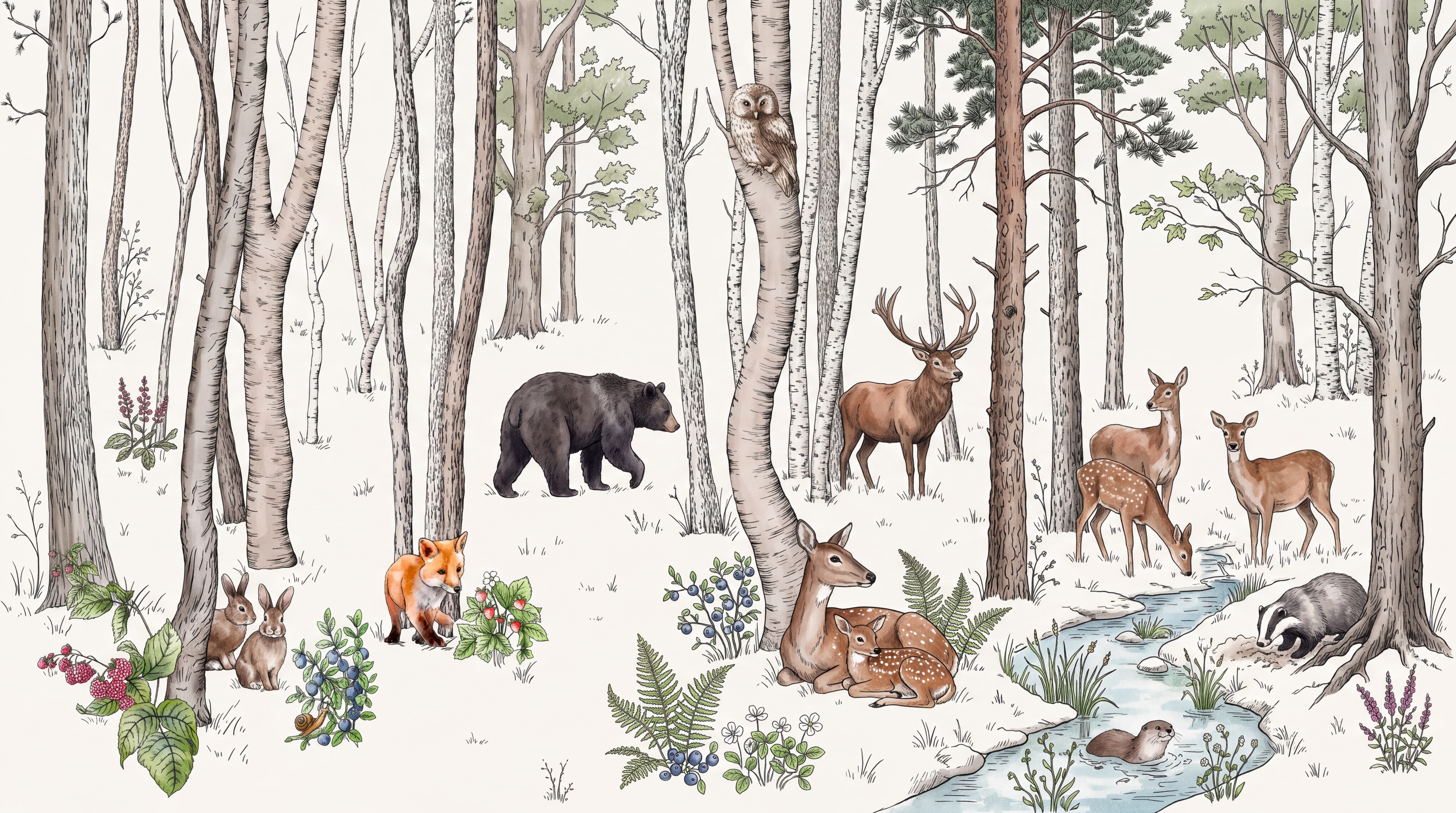Grey Woodland Scenic Watercolour Wallpaper Mural, Peel-and-stick Finish