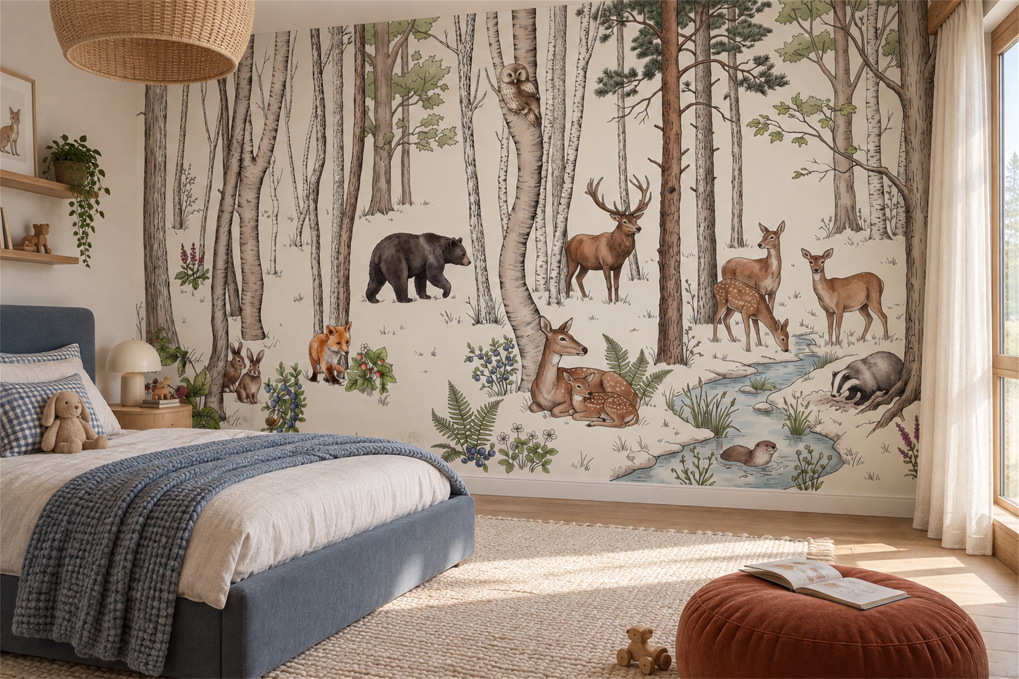 Woodland Animals By A Stream Wallpaper Mural — Wallpaper Mural Design, Peel-and-stick Finish