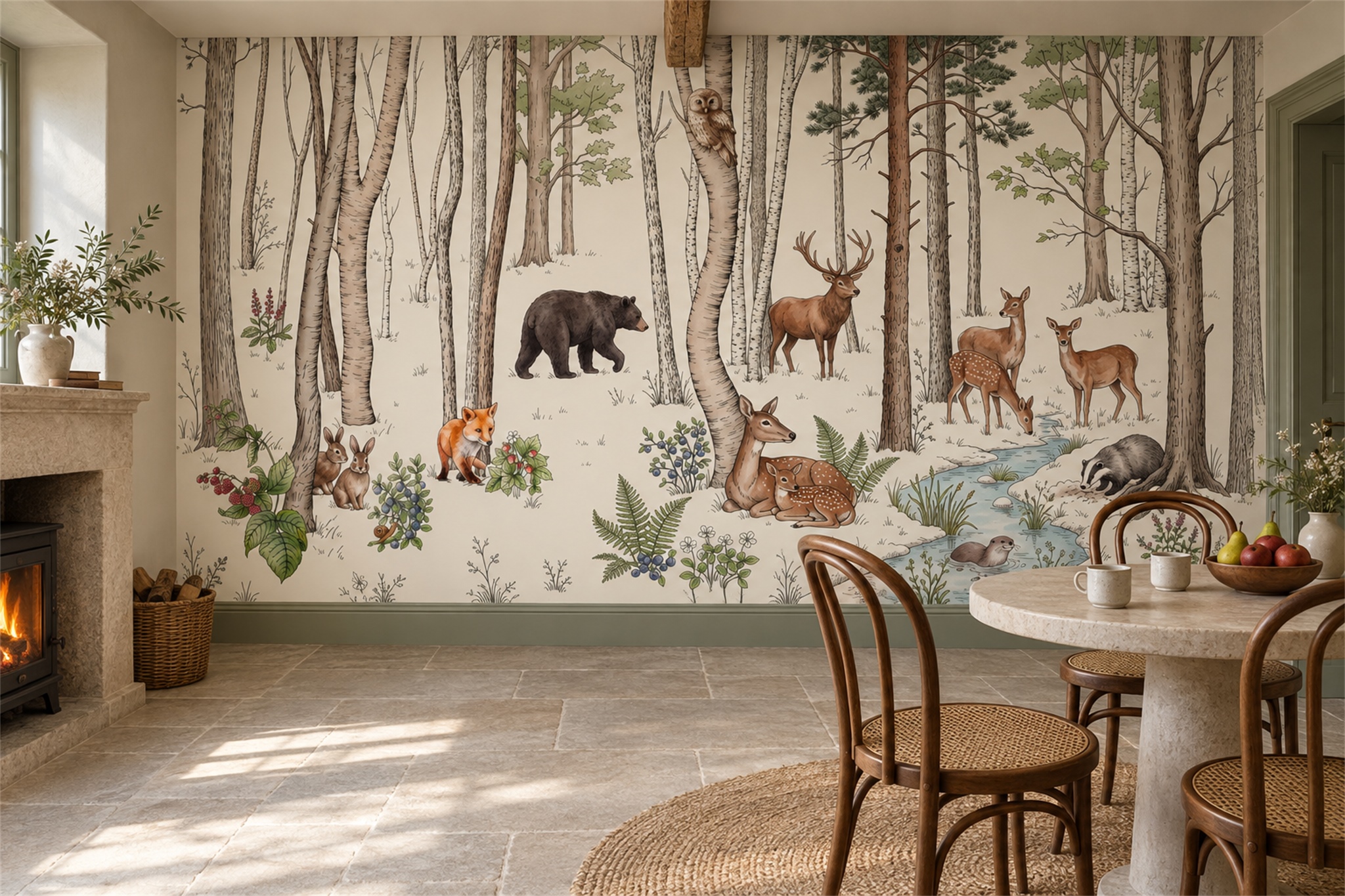 Grey Woodland Scenic Watercolour Wallpaper Mural Kids-room-wallpaper-murals, Peel-and-stick Finish