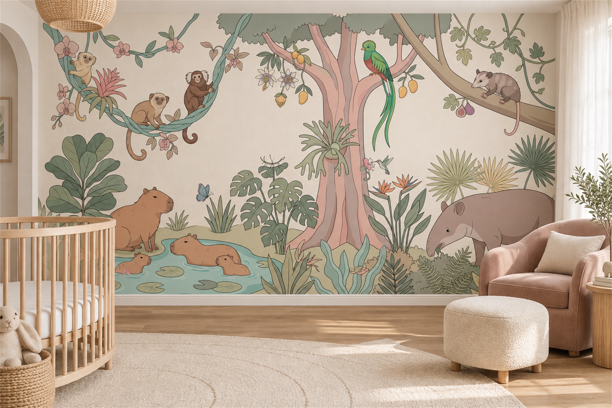Sage Tropical Artful Jungle Wallpaper Mural Nursery-wallpaper-murals, Peel-and-stick Finish