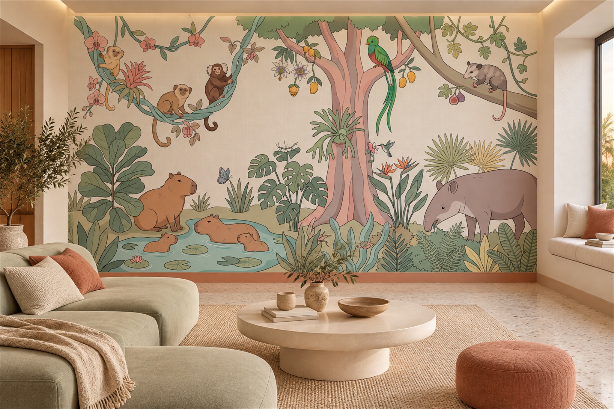 Sage Jungle Animals And River Nursery Wallpaper Mural — Installed Wallpaper Mural In A Nursery, Peel-and-stick Finish