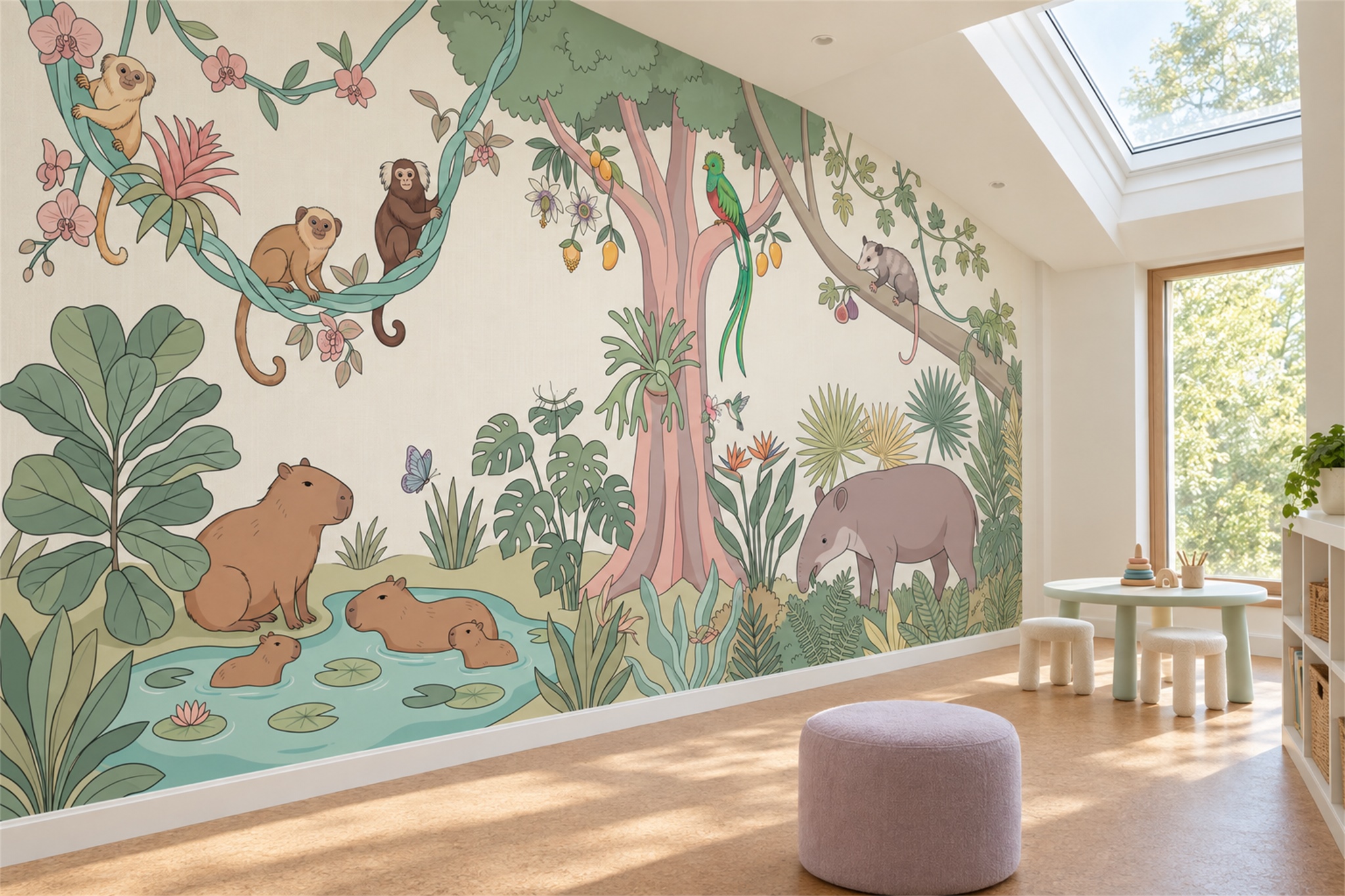 Sage Tropical Artful Jungle Wallpaper Mural Accent-wall-wallpaper-murals, Shown In A Nursery, Peel-and-stick Finish