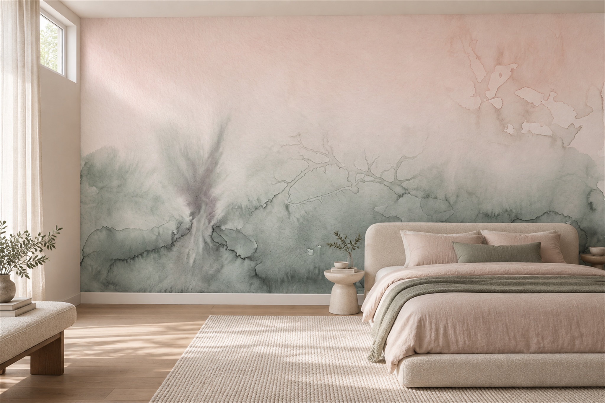 Pink Washed Artful Wallpaper Mural Bedroom-wallpaper-murals, Peel-and-stick Finish