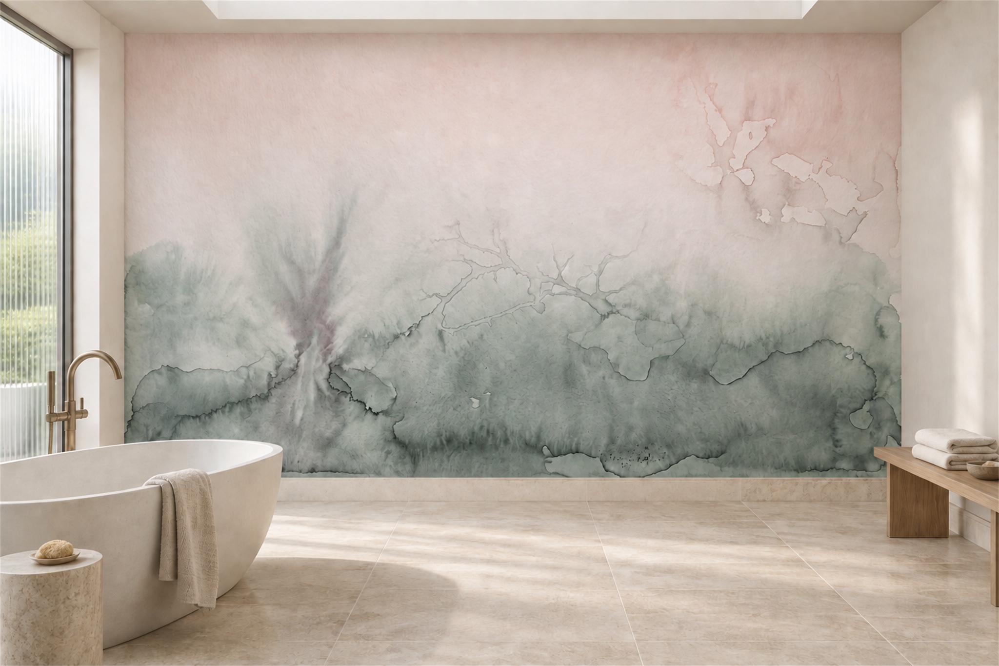 Pink Washed Artful Wallpaper Mural Bathroom-wallpaper-murals, Peel-and-stick Finish