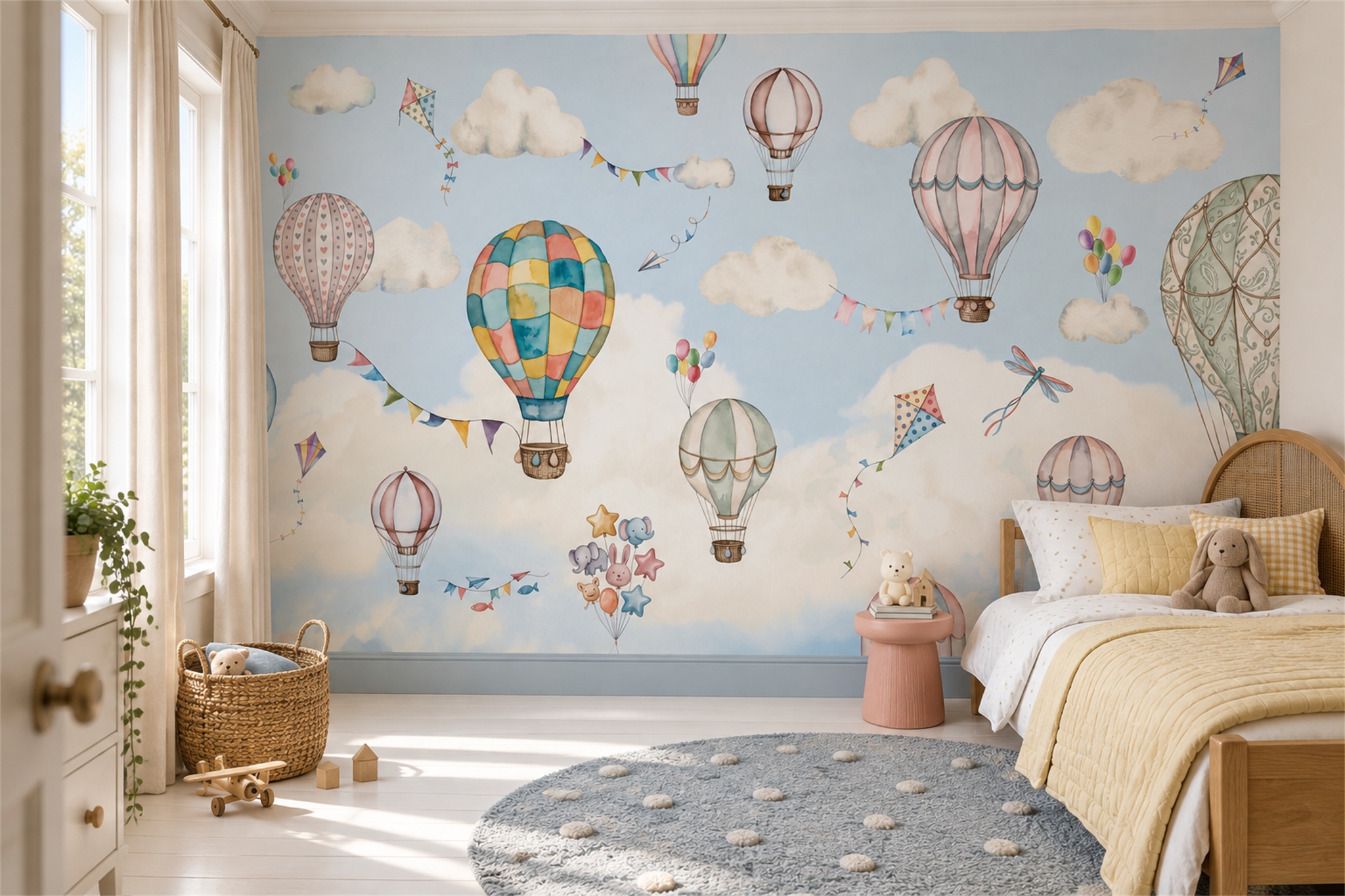 Blue Hot Air Balloons And Clouds Wallpaper Mural — Wallpaper Mural Design, Peel-and-stick Finish