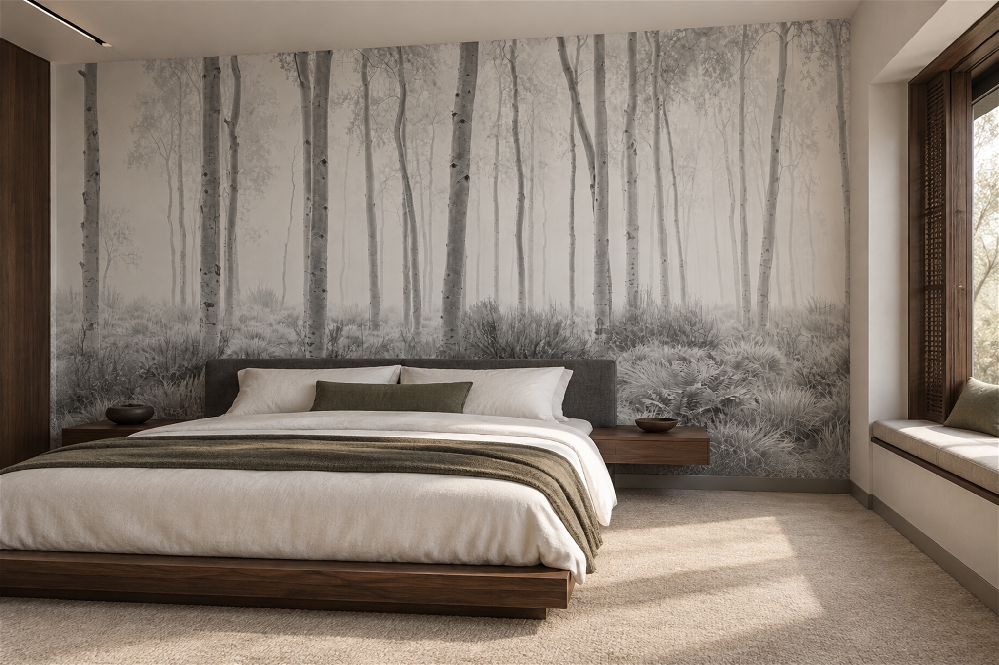 Grey Birch Forest Mist Wallpaper Mural — Installed Wallpaper Mural In A Bedroom, Peel-and-stick Finish