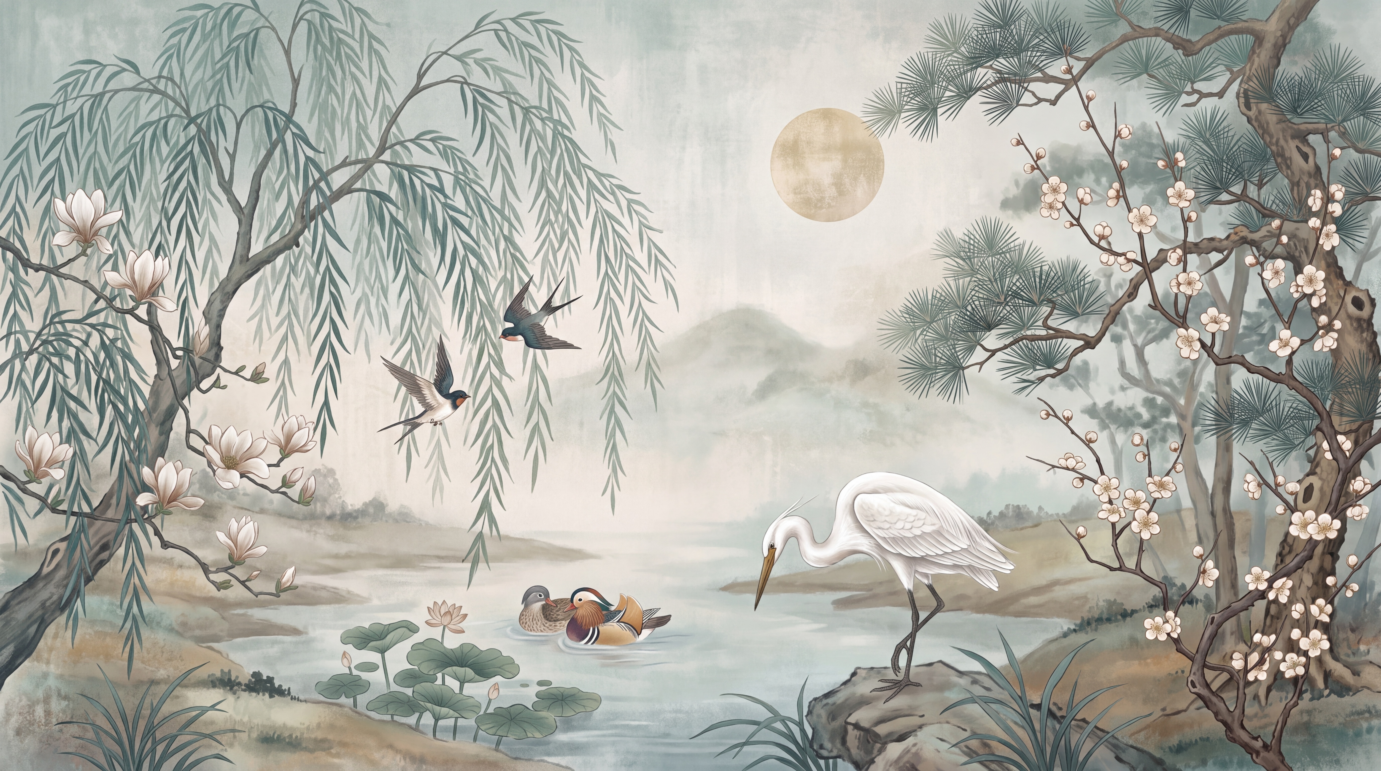 Sage Heron Illustrated Wallpaper Mural, Peel-and-stick Finish