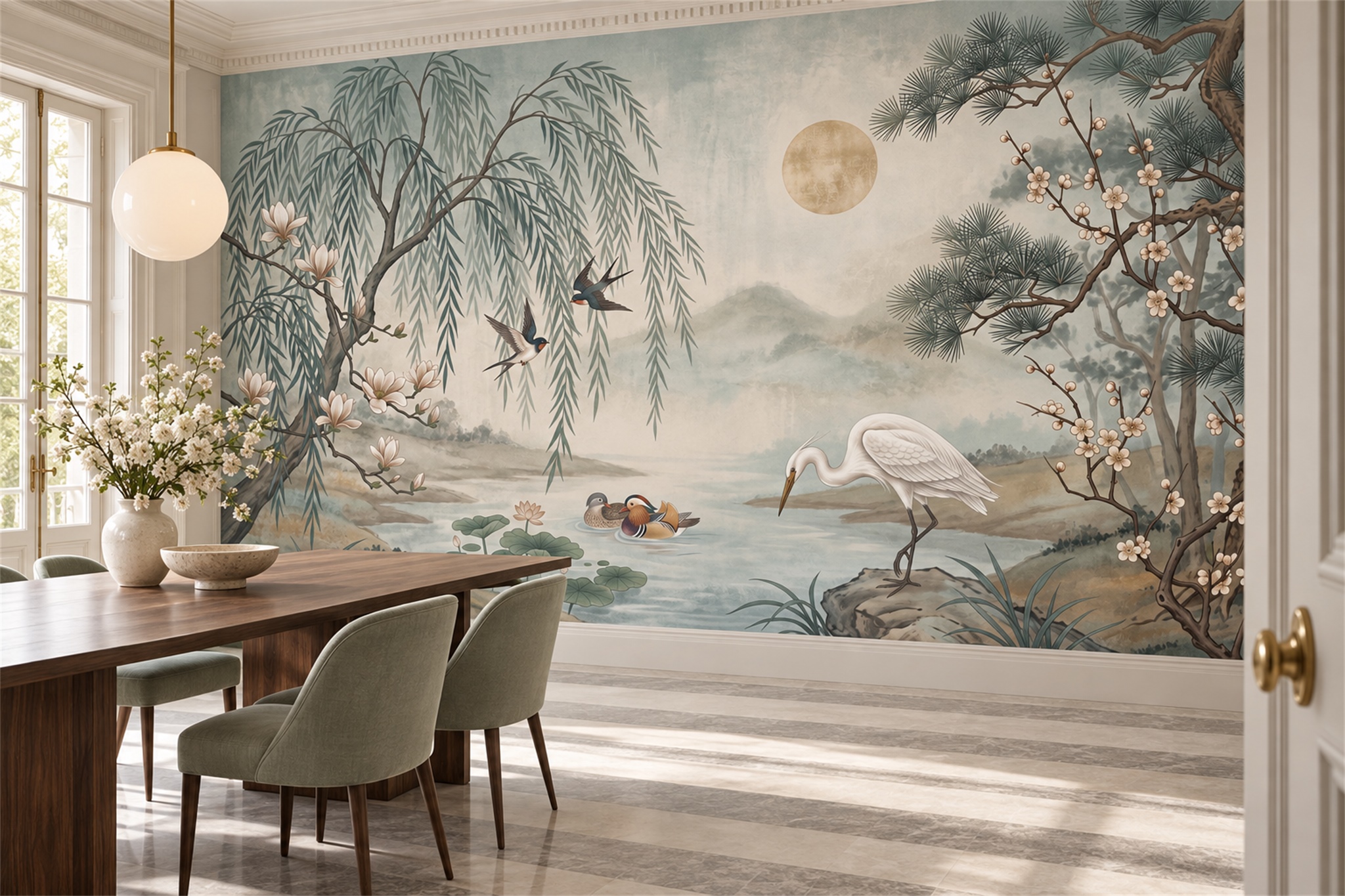 Sage Heron Illustrated Wallpaper Mural Dining-room-wallpaper-murals, Shown In A Dining Room, Peel-and-stick Finish