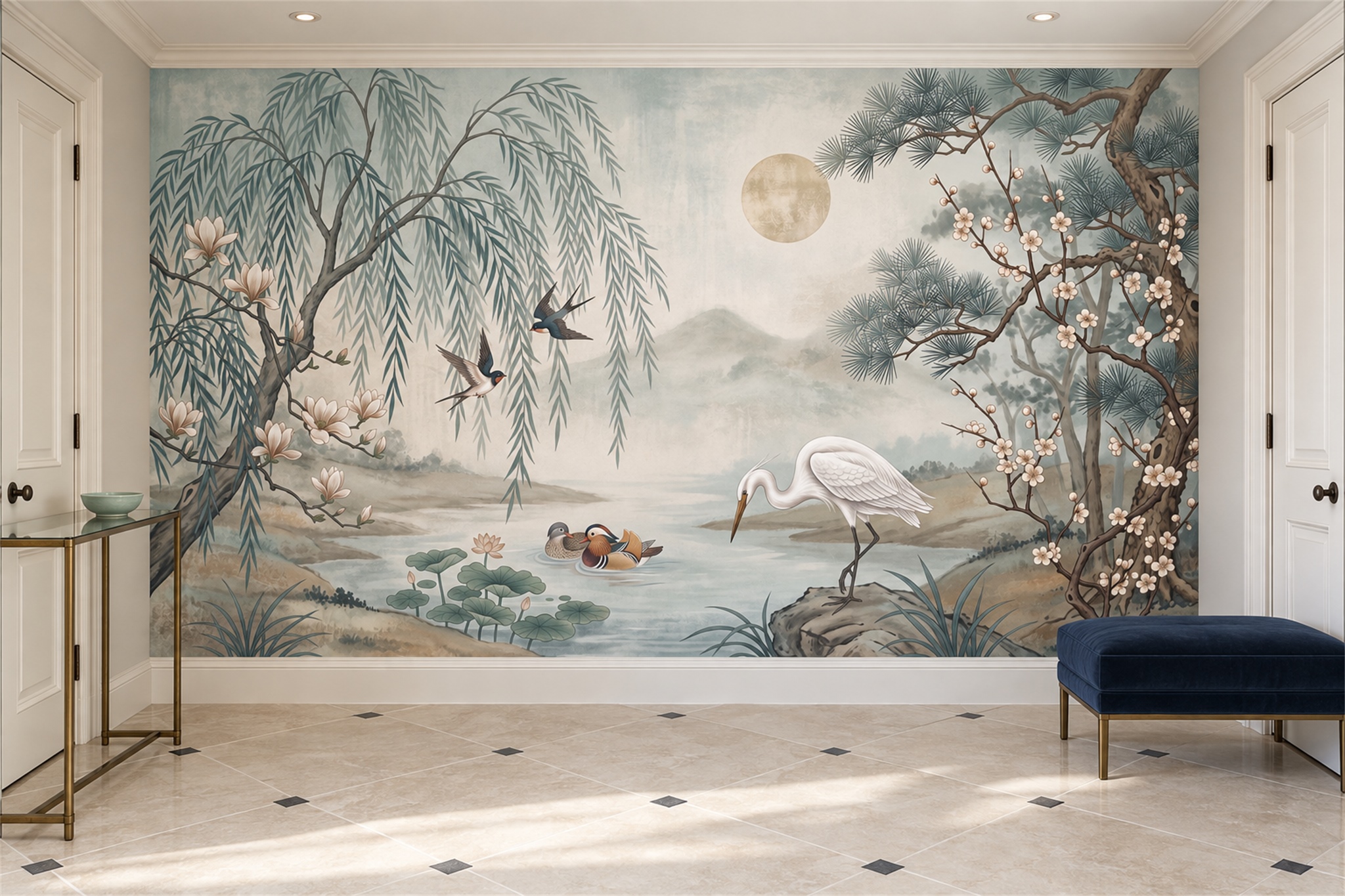 Sage Heron Illustrated Wallpaper Mural Entryway-wallpaper-murals, Peel-and-stick Finish