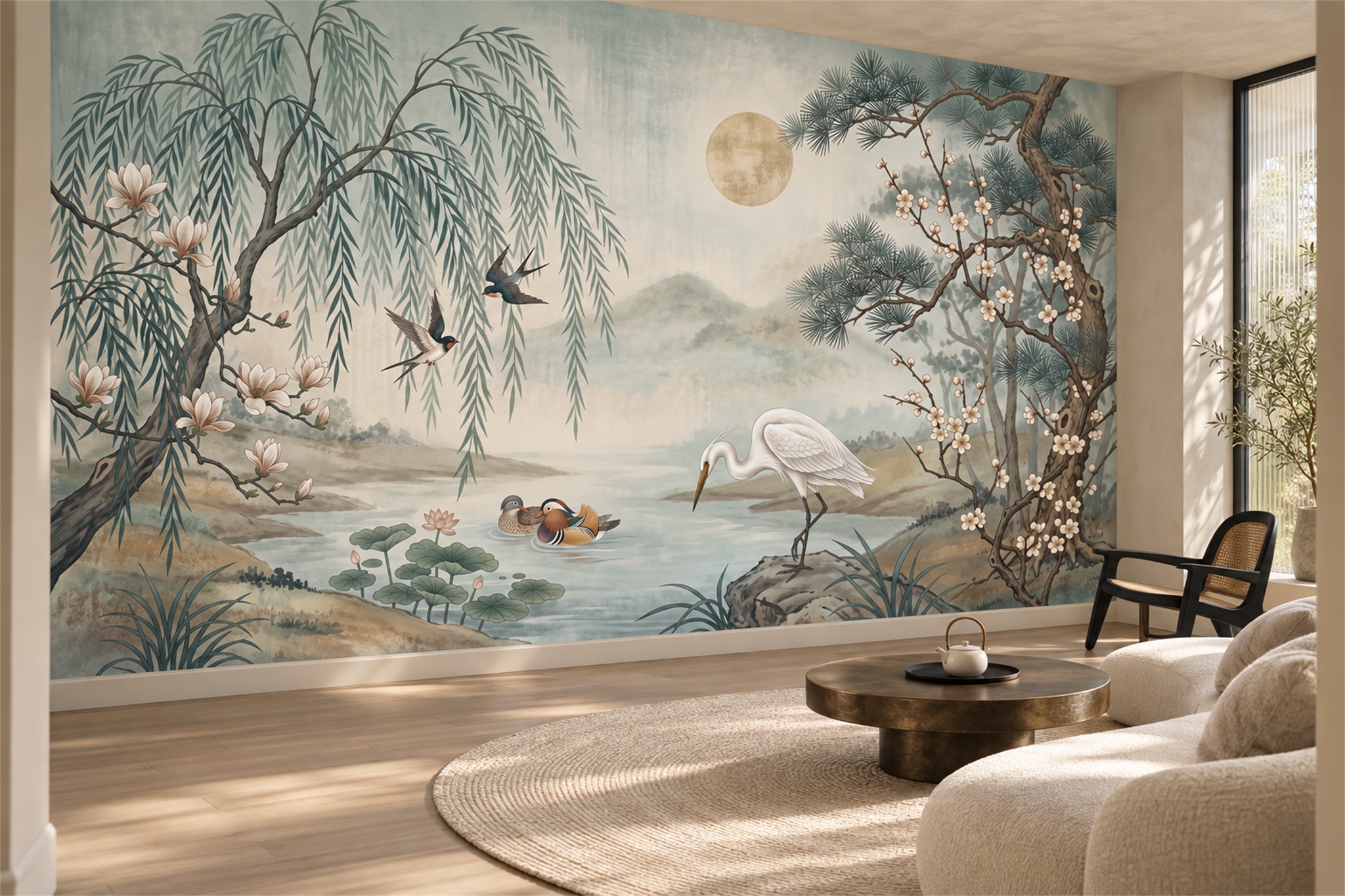 Herons And Ducks In A Moonlit Willow Garden Wallpaper Mural — Wallpaper Mural Design, Peel-and-stick Finish