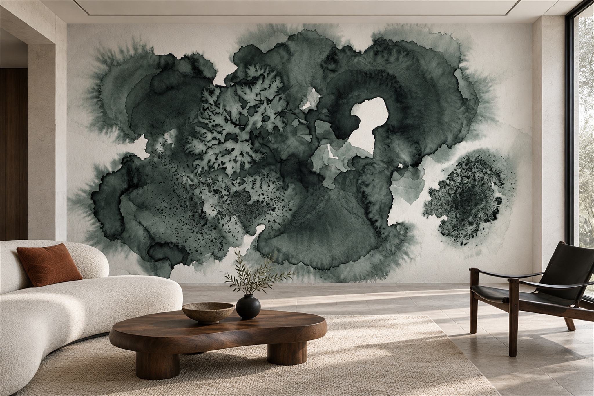 Green Ink Bloom Watercolour Abstract Wallpaper Mural — Wallpaper Mural Design, Peel-and-stick Finish