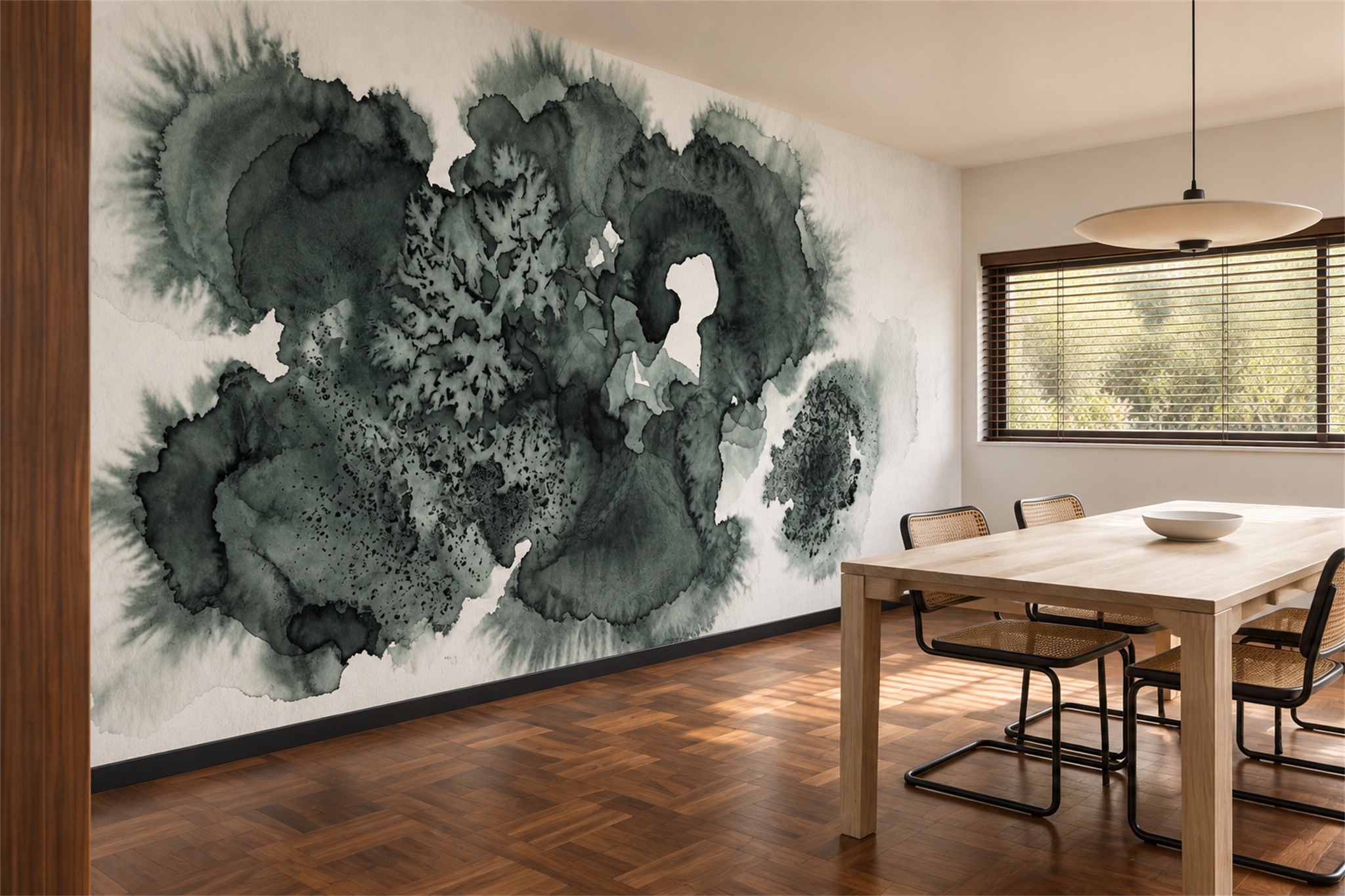 Green Fluid Artful Wallpaper Mural Feature-wall-wallpaper-murals, Peel-and-stick Finish
