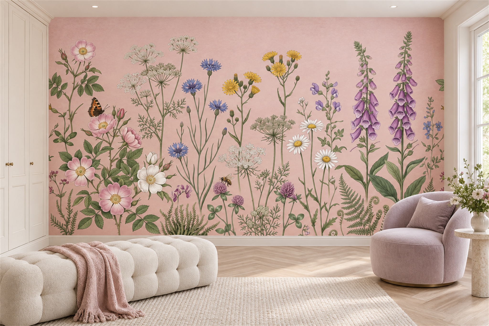 Pink Meadow Wildflowers And Butterflies Wallpaper Mural — Wallpaper Mural Design, Peel-and-stick Finish