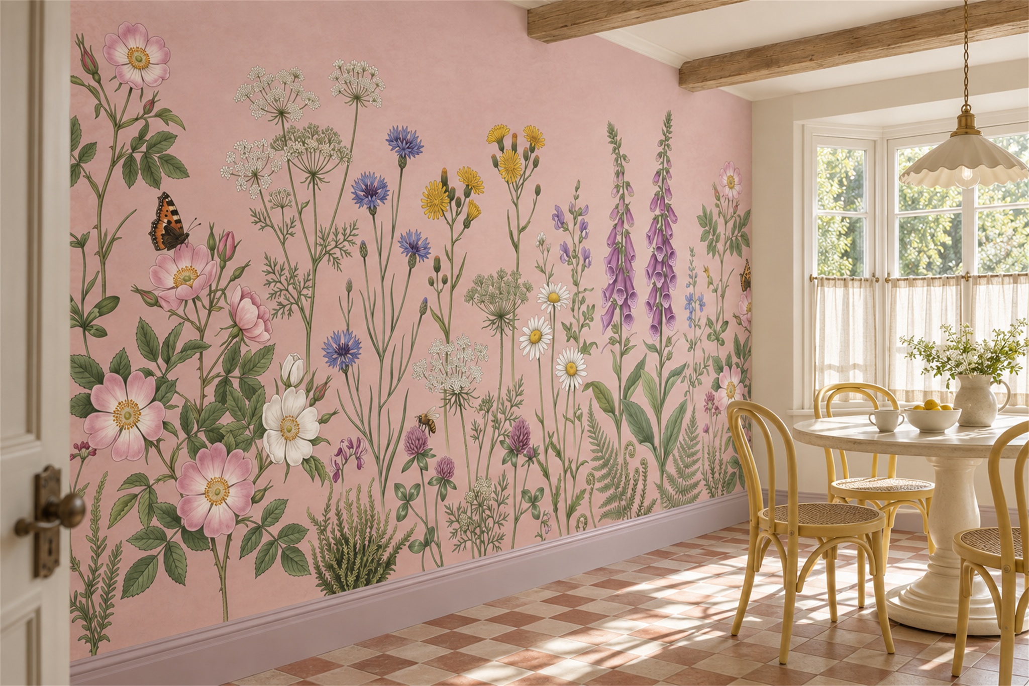 Pink Pattern Decorative Wallpaper Mural Layered Painterly Wallpaper Dining-room-wallpaper-murals, Shown In A Dining Room, Peel-and-stick Finish