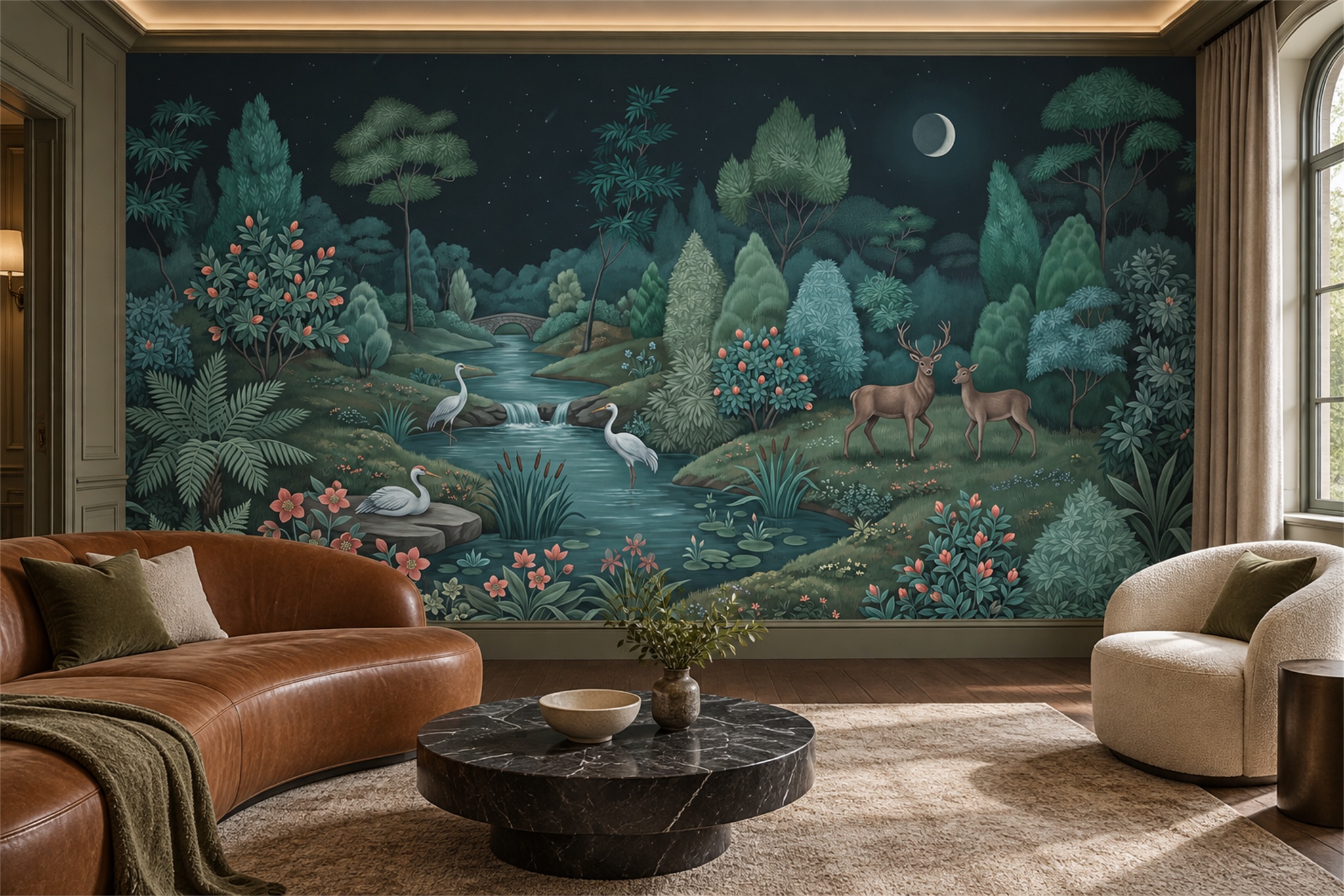 Moonlit Teal Forest Stream With Herons And Deer Wallpaper Mural — Wallpaper Mural Design, Peel-and-stick Finish