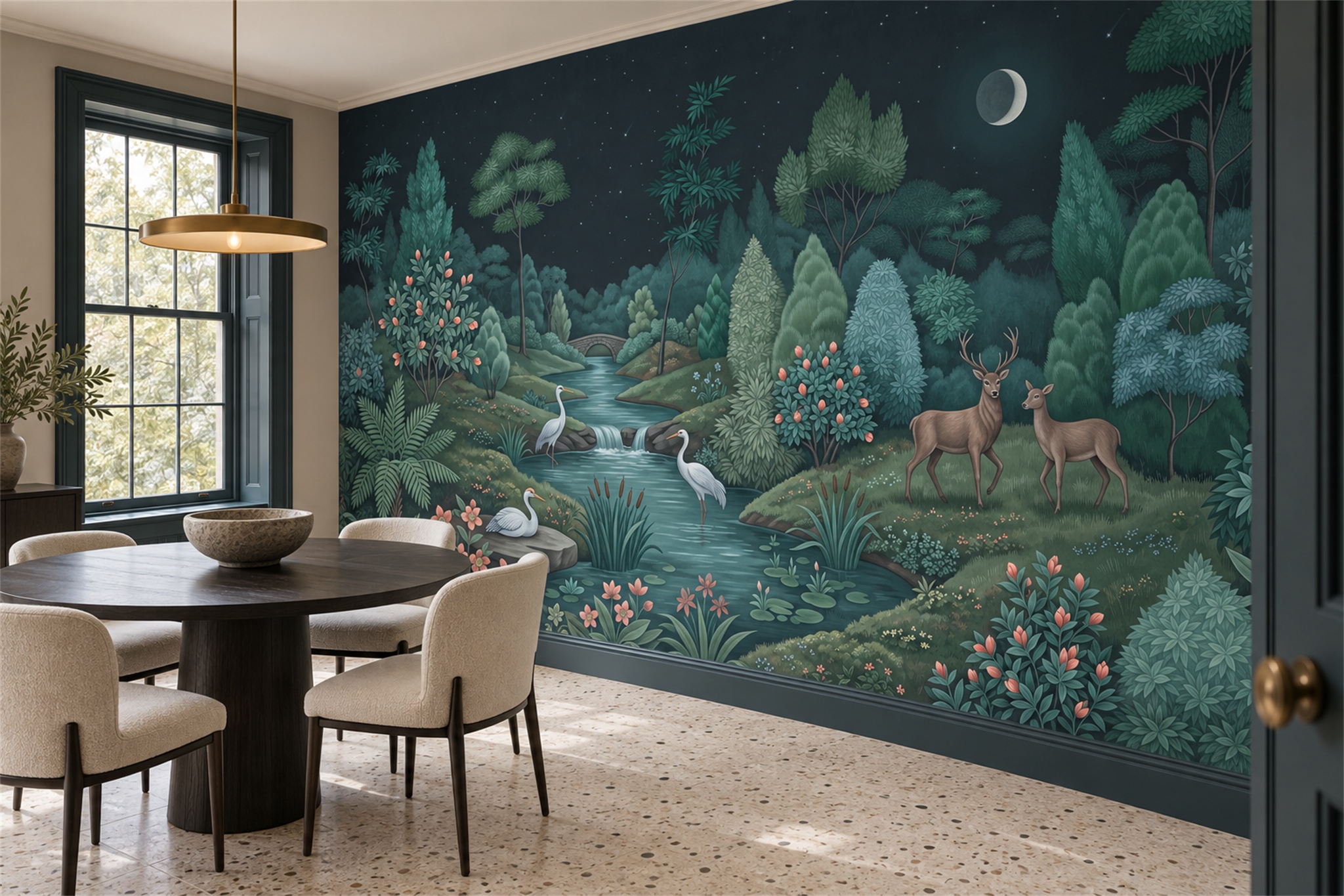Teal Woodland Scenic Decorative Wallpaper Mural Dining-room-wallpaper-murals, Shown In A Dining Room, Peel-and-stick Finish