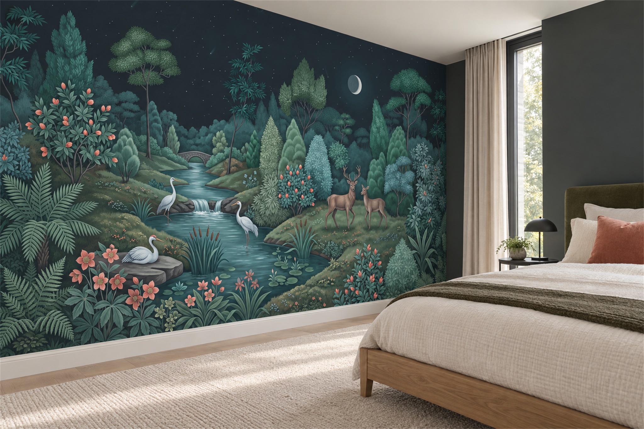 Teal Woodland Scenic Decorative Wallpaper Mural Bedroom-wallpaper-murals, Peel-and-stick Finish
