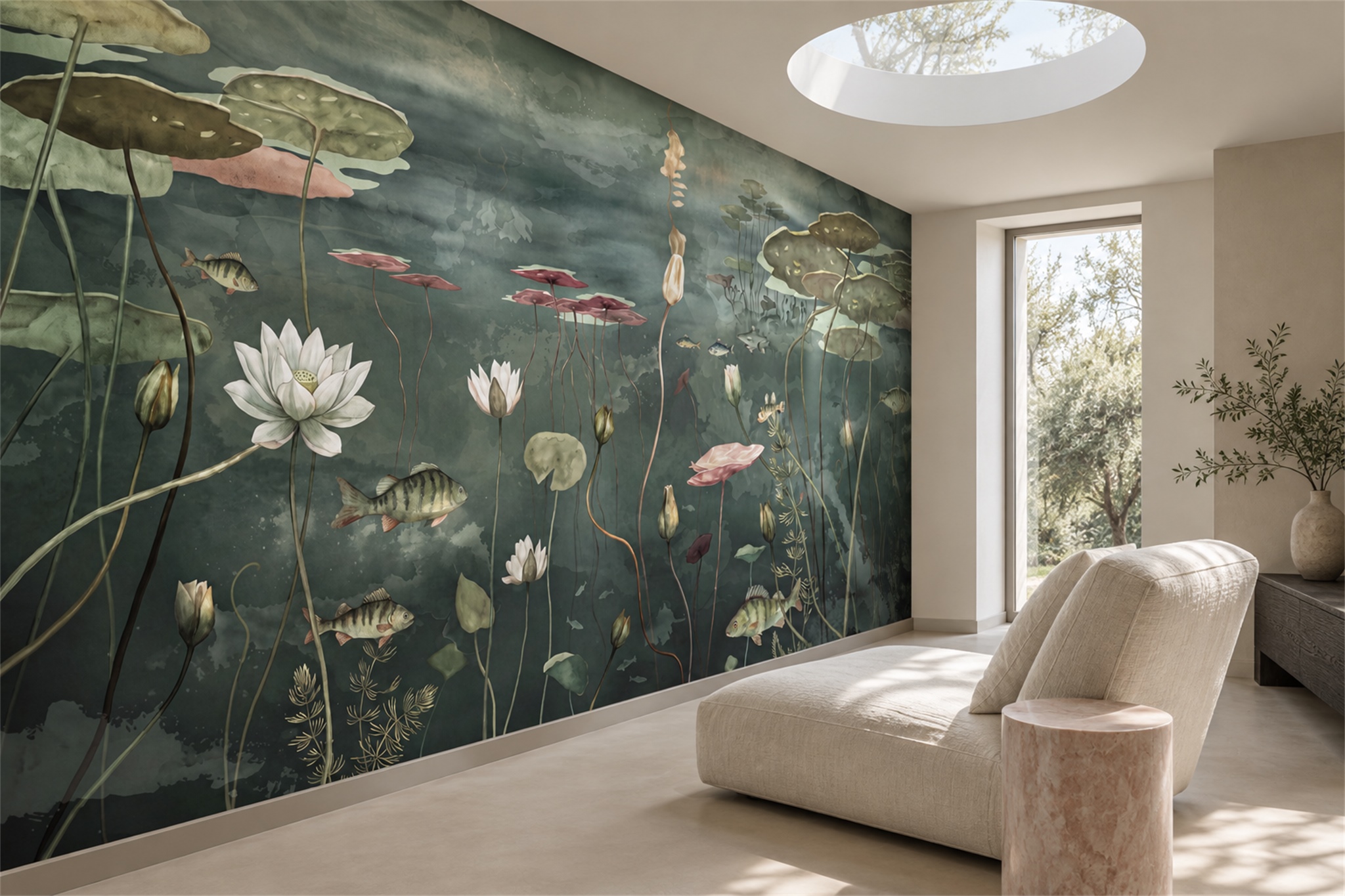 Olive Botanical Botanical Wallpaper Mural Home-office-wallpaper-murals, Shown In A Home Office, Peel-and-stick Finish