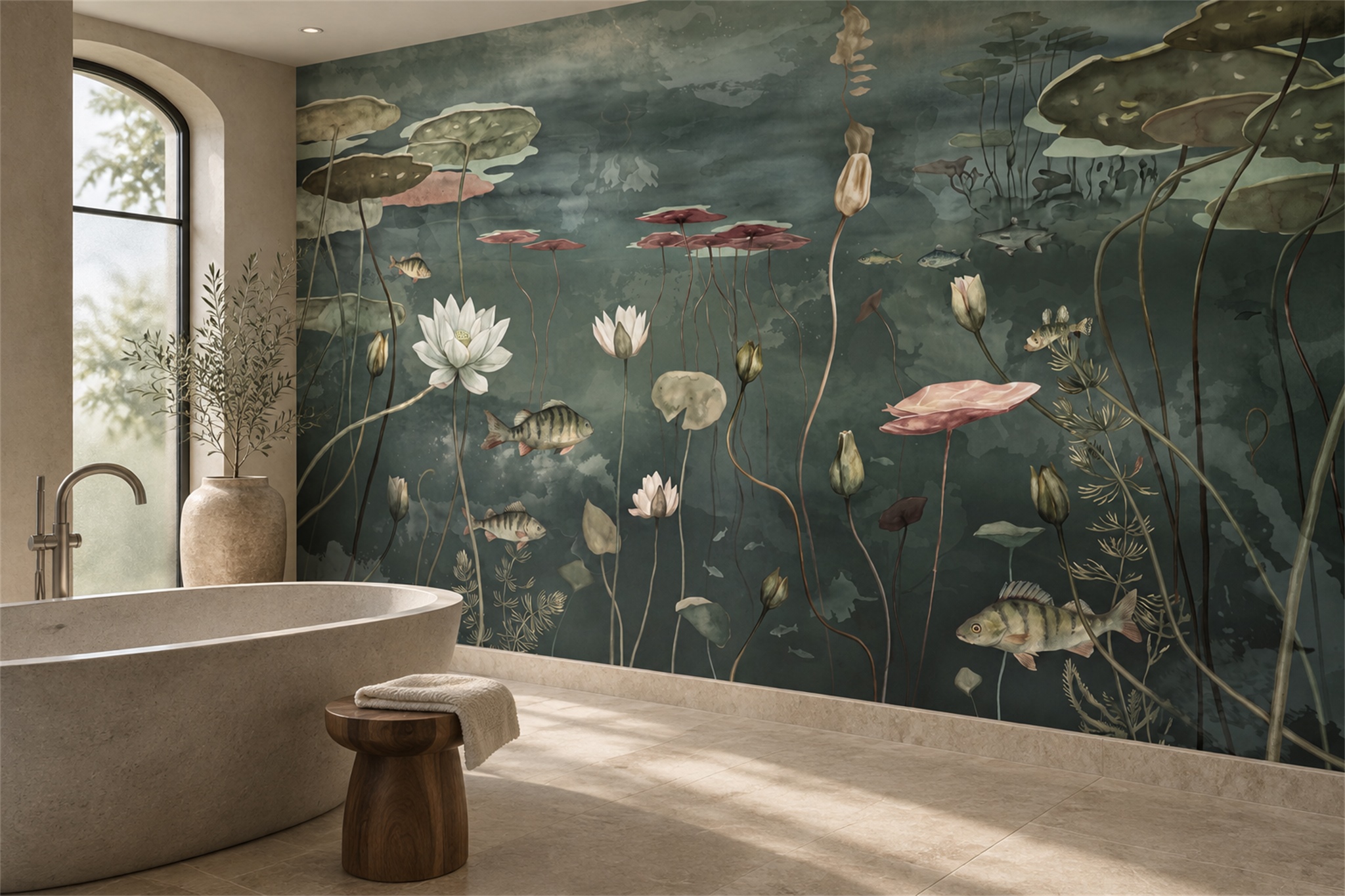 Olive Botanical Botanical Wallpaper Mural Dining-room-wallpaper-murals, Peel-and-stick Finish