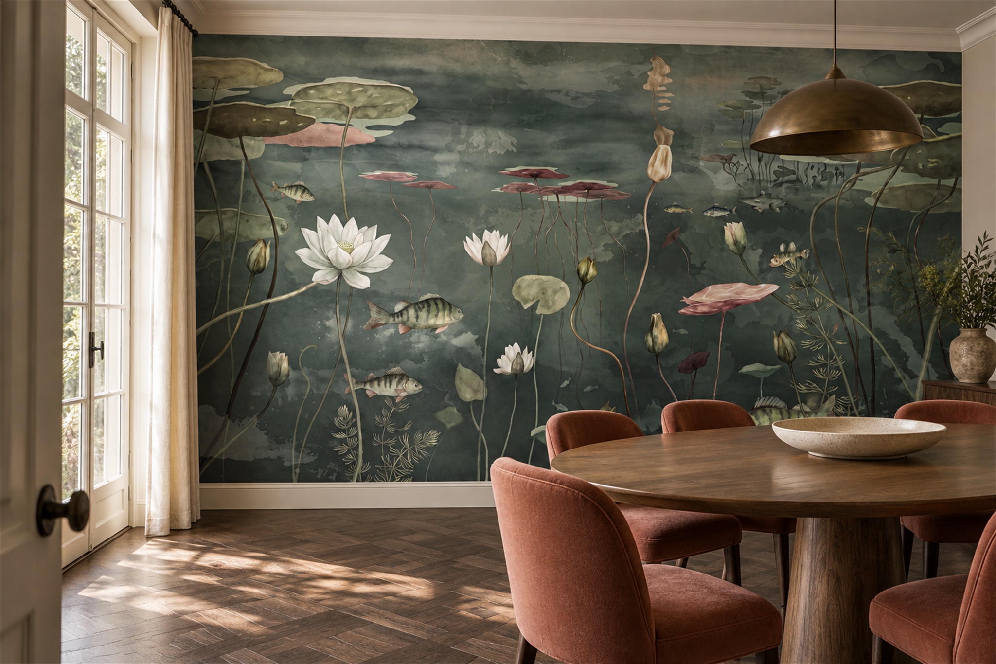 Olive Botanical Botanical Wallpaper Mural Dining-room-wallpaper-murals, Peel-and-stick Finish