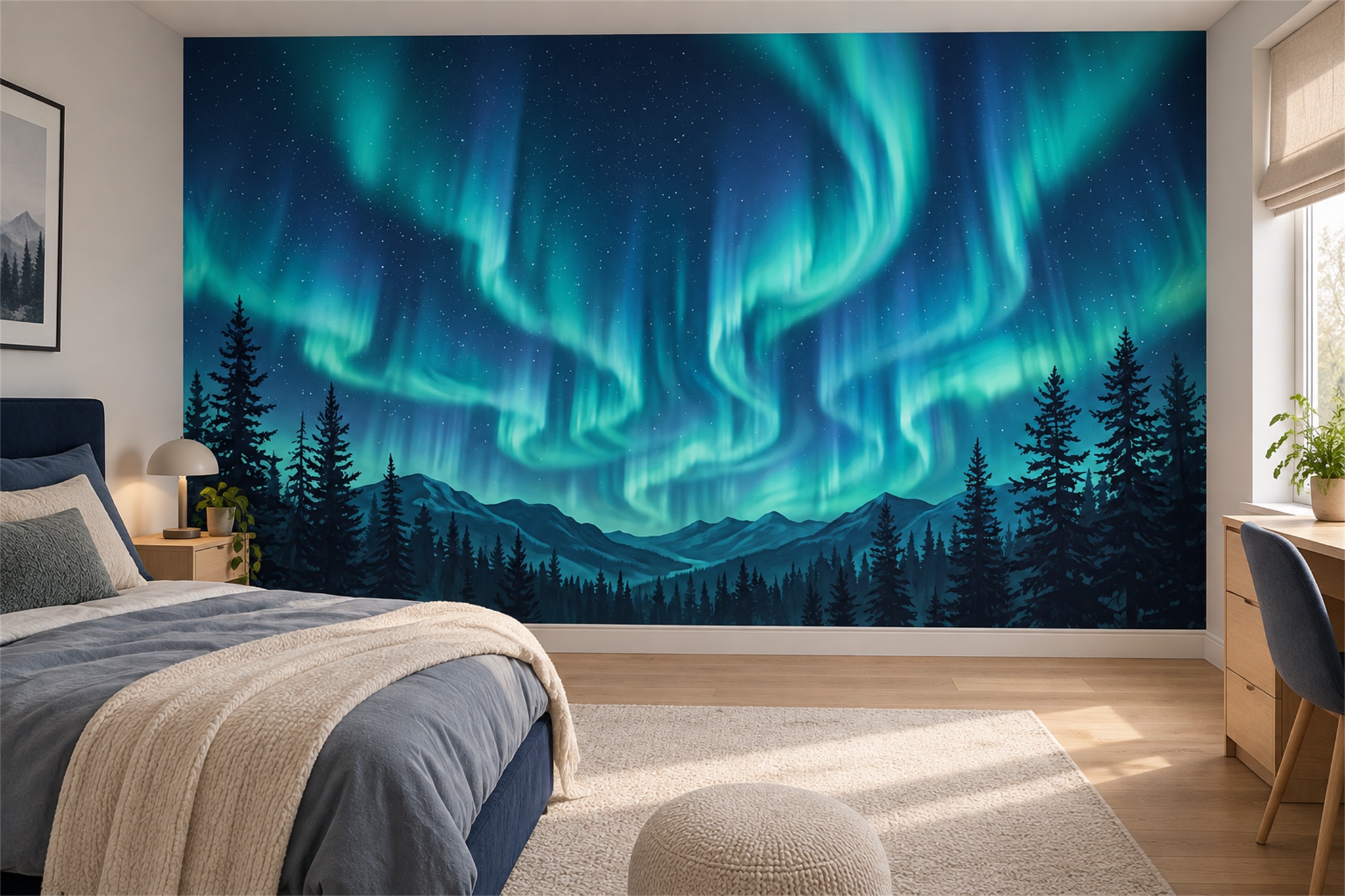 Teal Pattern Decorative Atmospheric Wallpaper Mural Bedroom-wallpaper-murals, Peel-and-stick Finish