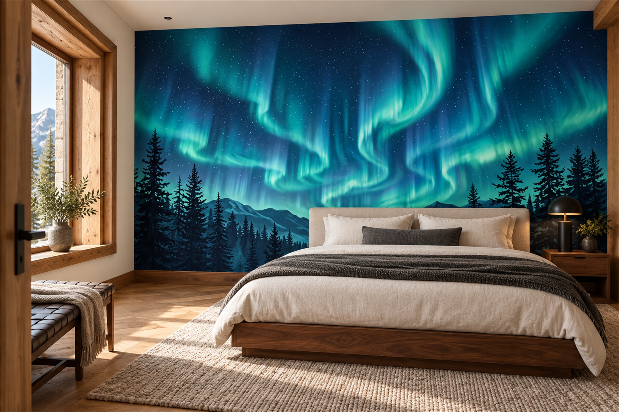 Teal Aurora Over Mountain Forest Wallpaper Mural — Installed Wallpaper Mural In A Bedroom, Peel-and-stick Finish