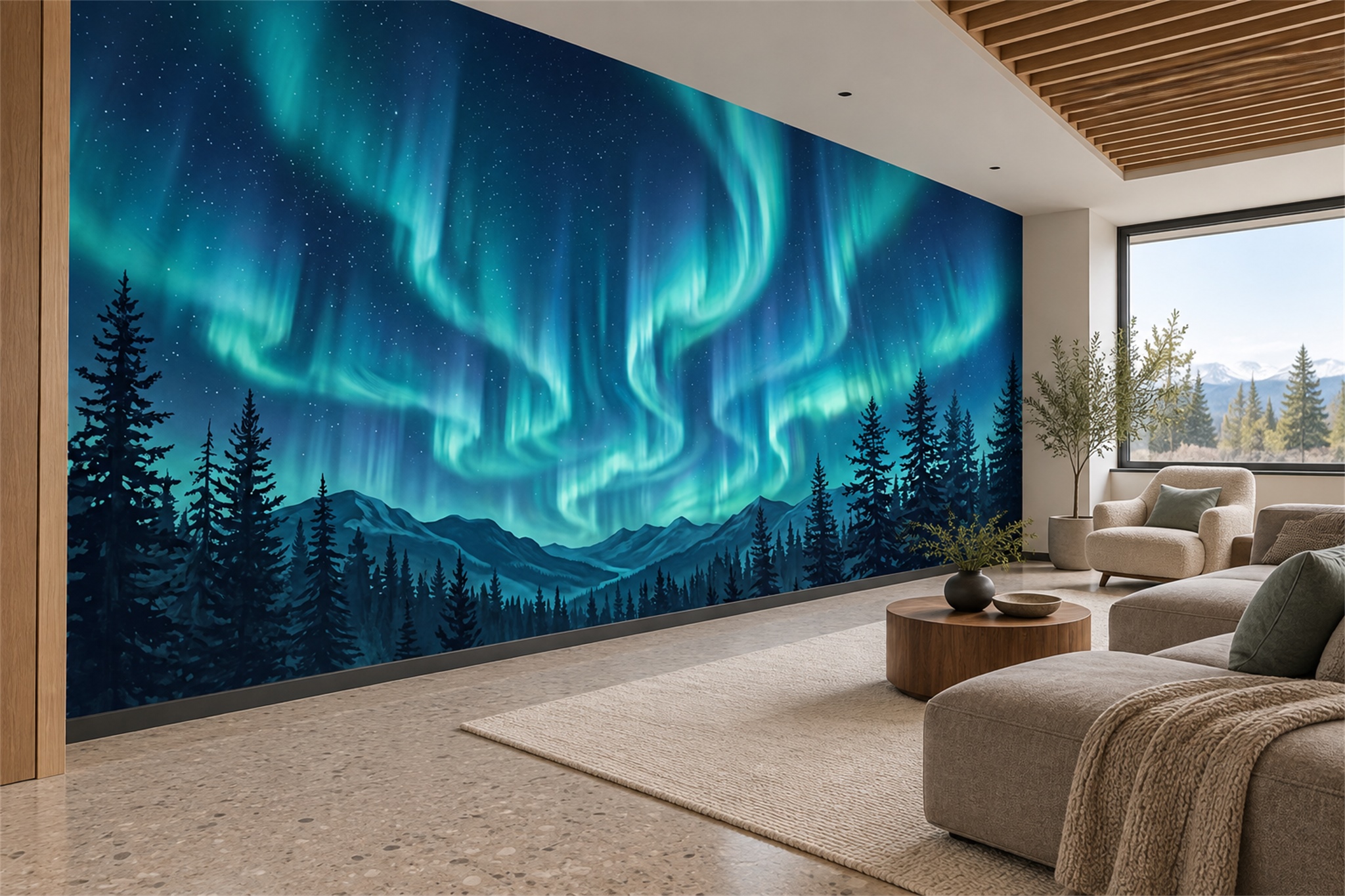 Teal Pattern Decorative Atmospheric Wallpaper Mural Living-room-wallpaper-murals, Shown In A Living Room, Peel-and-stick Finish