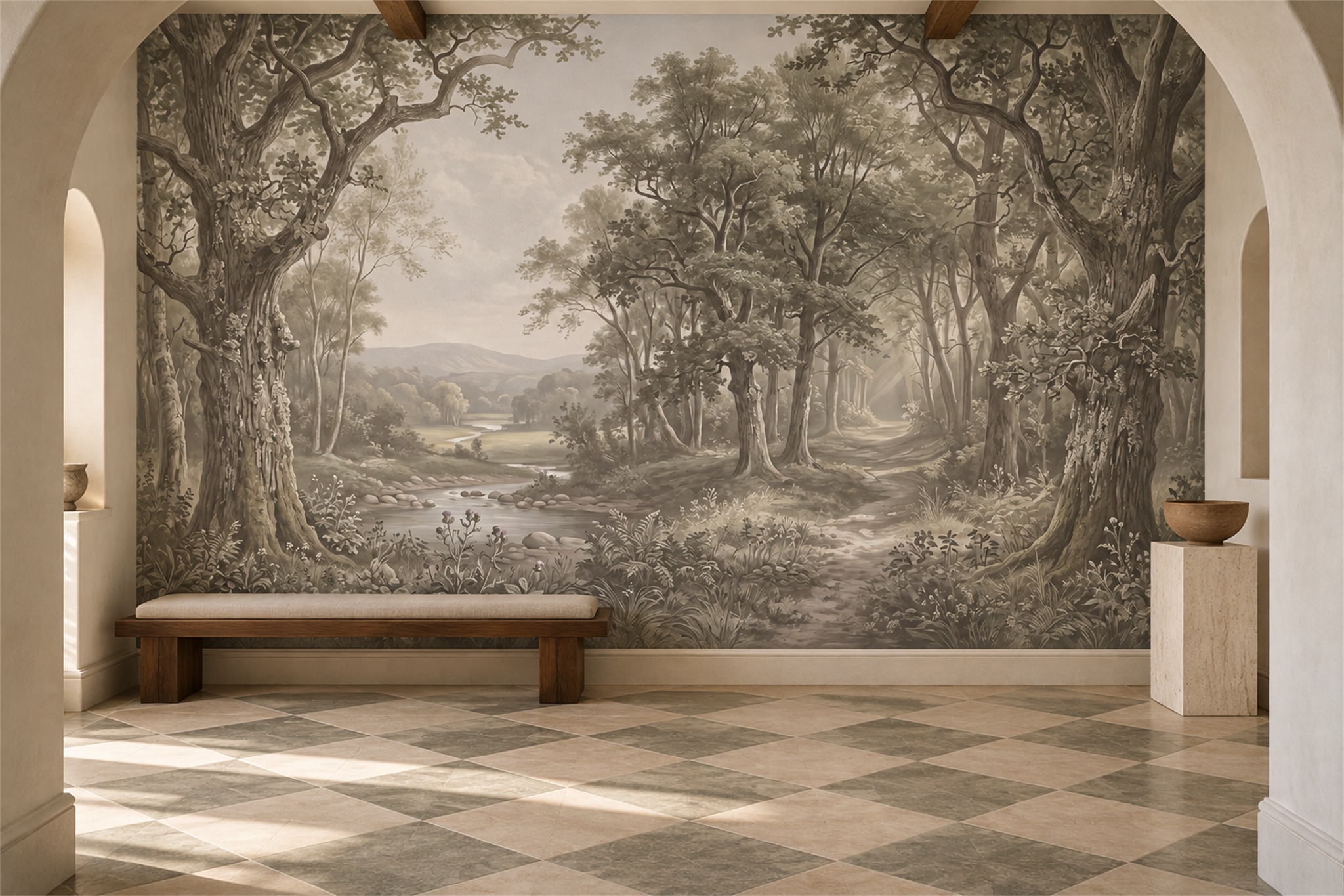 Taupe Forest Scenic Wallpaper Mural Entryway-wallpaper-murals, Peel-and-stick Finish