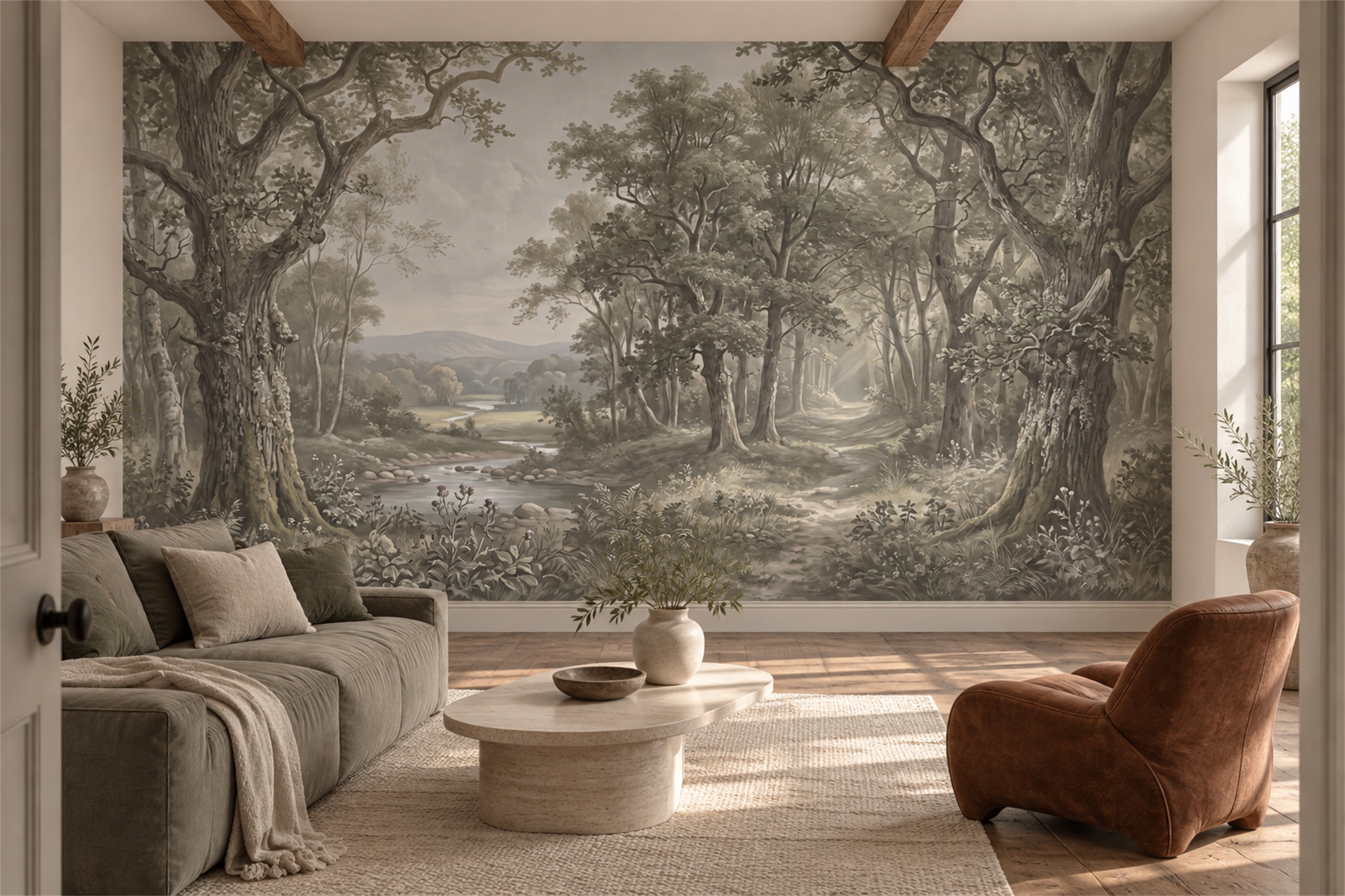Taupe Forest Scenic Wallpaper Mural Accent-wall-wallpaper-murals, Peel-and-stick Finish