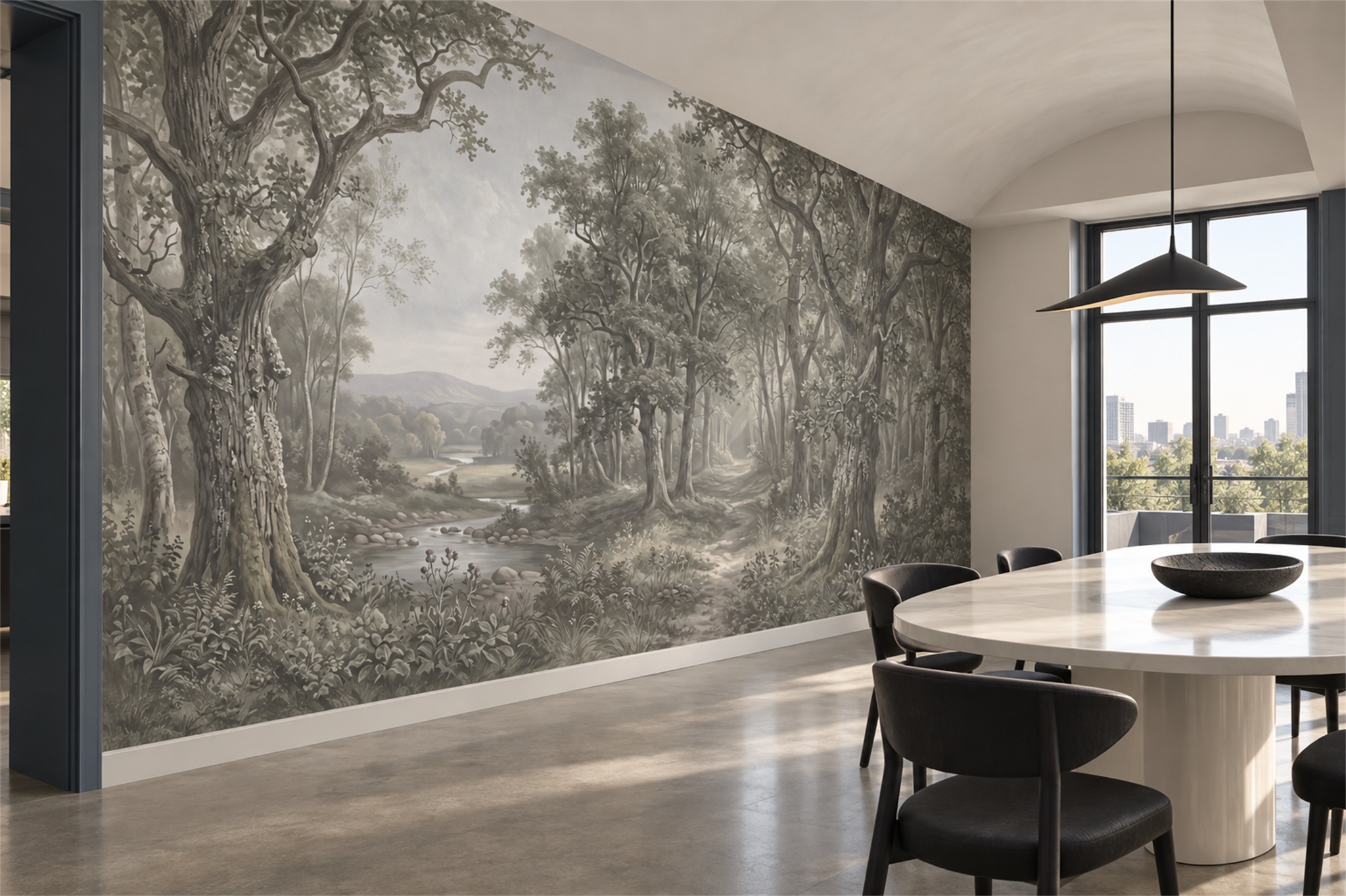 Taupe Forest Scenic Wallpaper Mural Dining-room-wallpaper-murals, Shown In A Dining Room, Peel-and-stick Finish