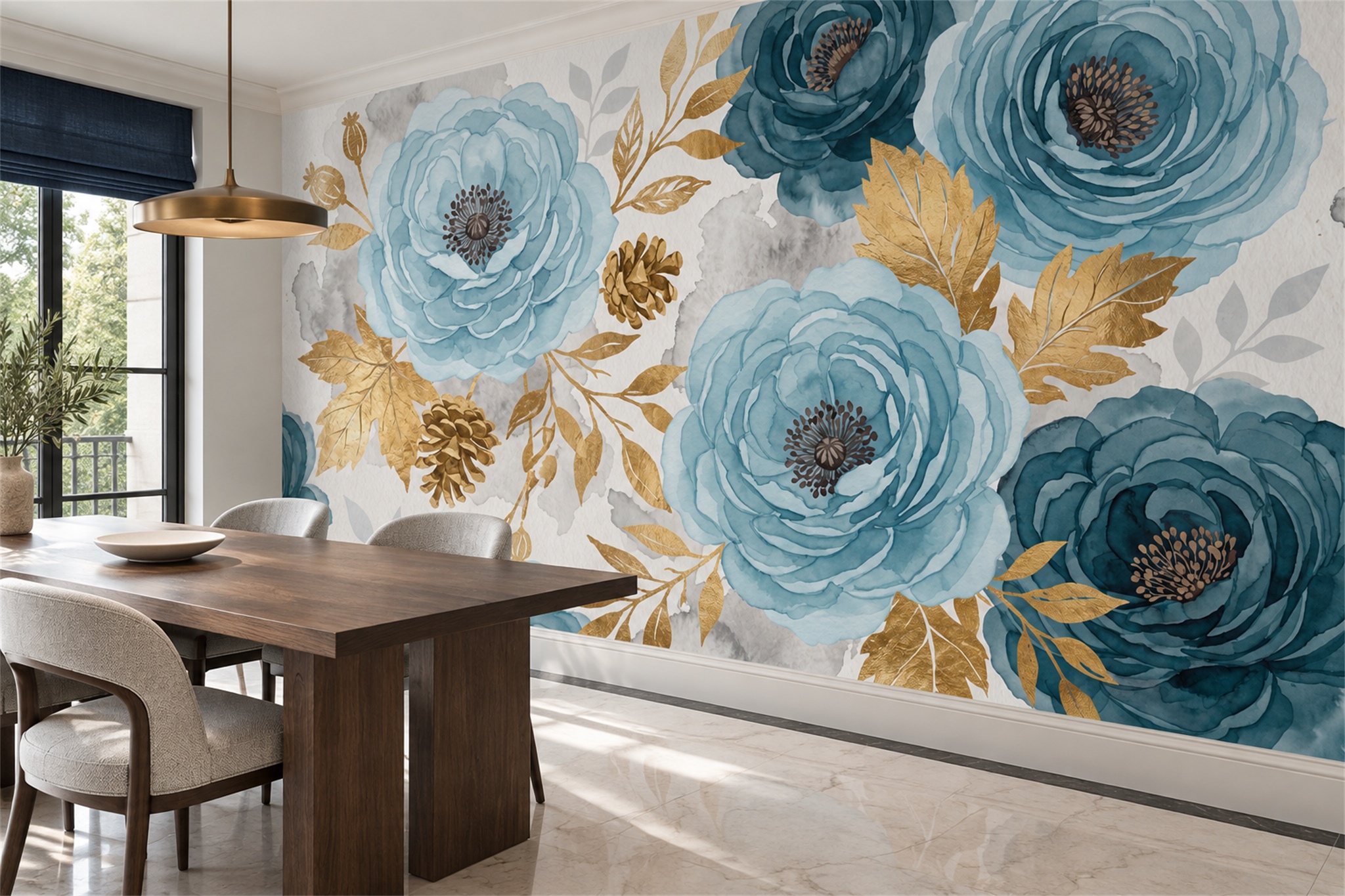 Blue Peony Botanical Wallpaper Mural Dining-room-wallpaper-murals, Peel-and-stick Finish