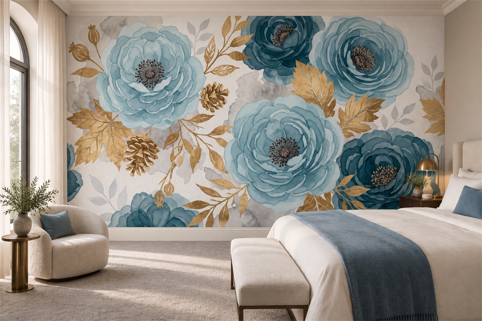 Blue Peony Botanical Wallpaper Mural Bedroom-wallpaper-murals, Peel-and-stick Finish