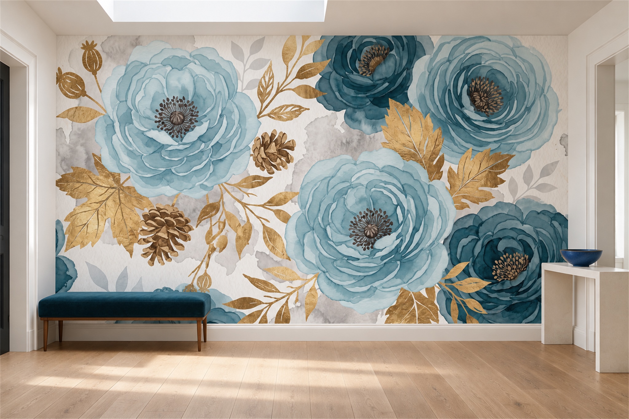 Blue Peony Botanical Wallpaper Mural Accent-wall-wallpaper-murals, Peel-and-stick Finish