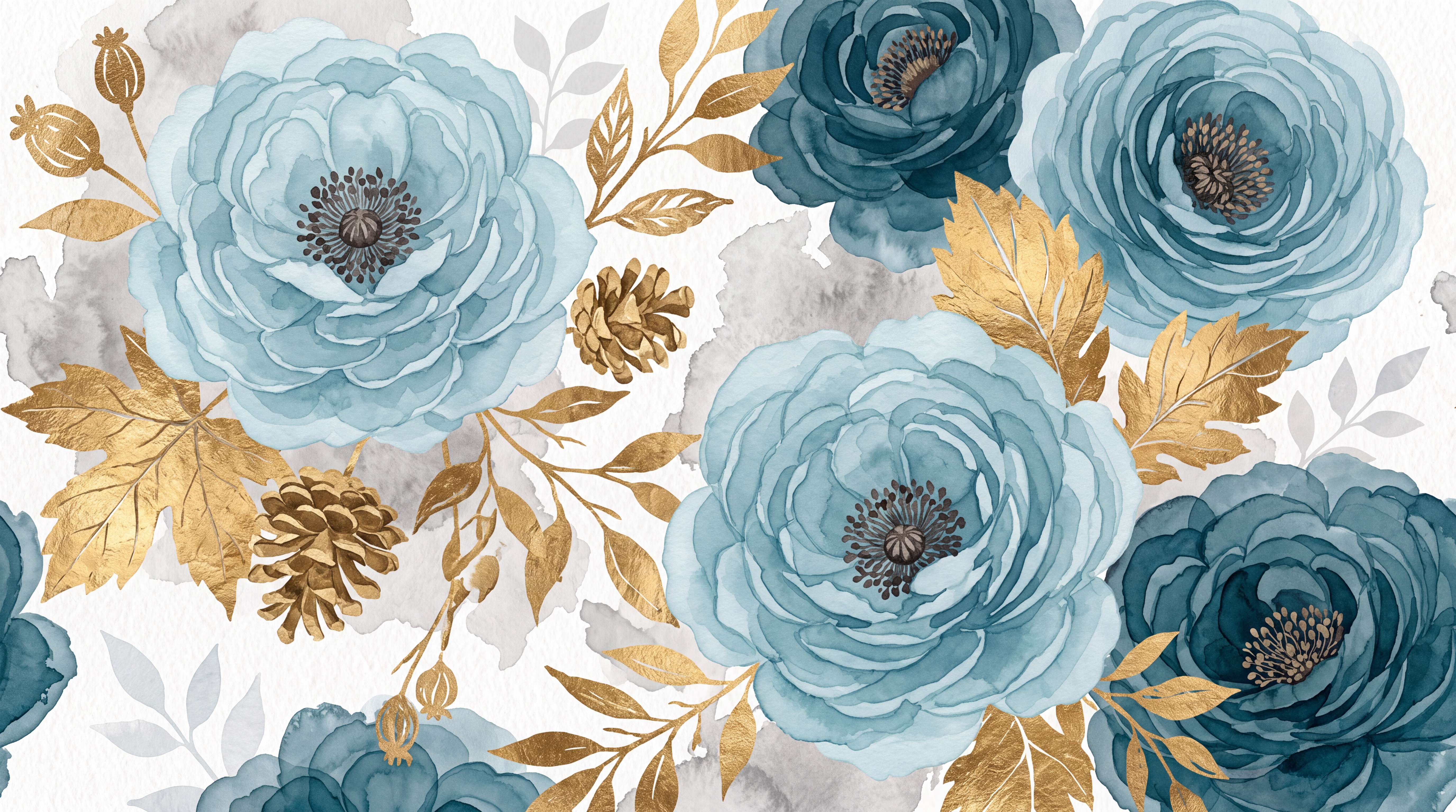 Blue Peony Botanical Wallpaper Mural Dining-room-wallpaper-murals, Peel-and-stick Finish
