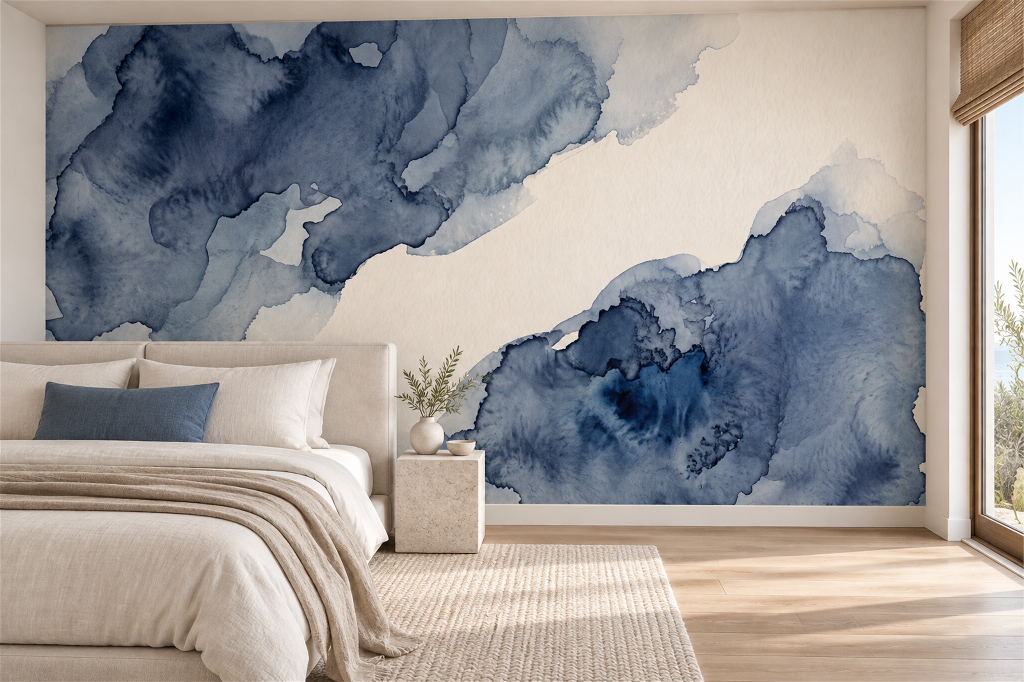 Navy Washed Artful Wallpaper Mural Bedroom-wallpaper-murals, Peel-and-stick Finish
