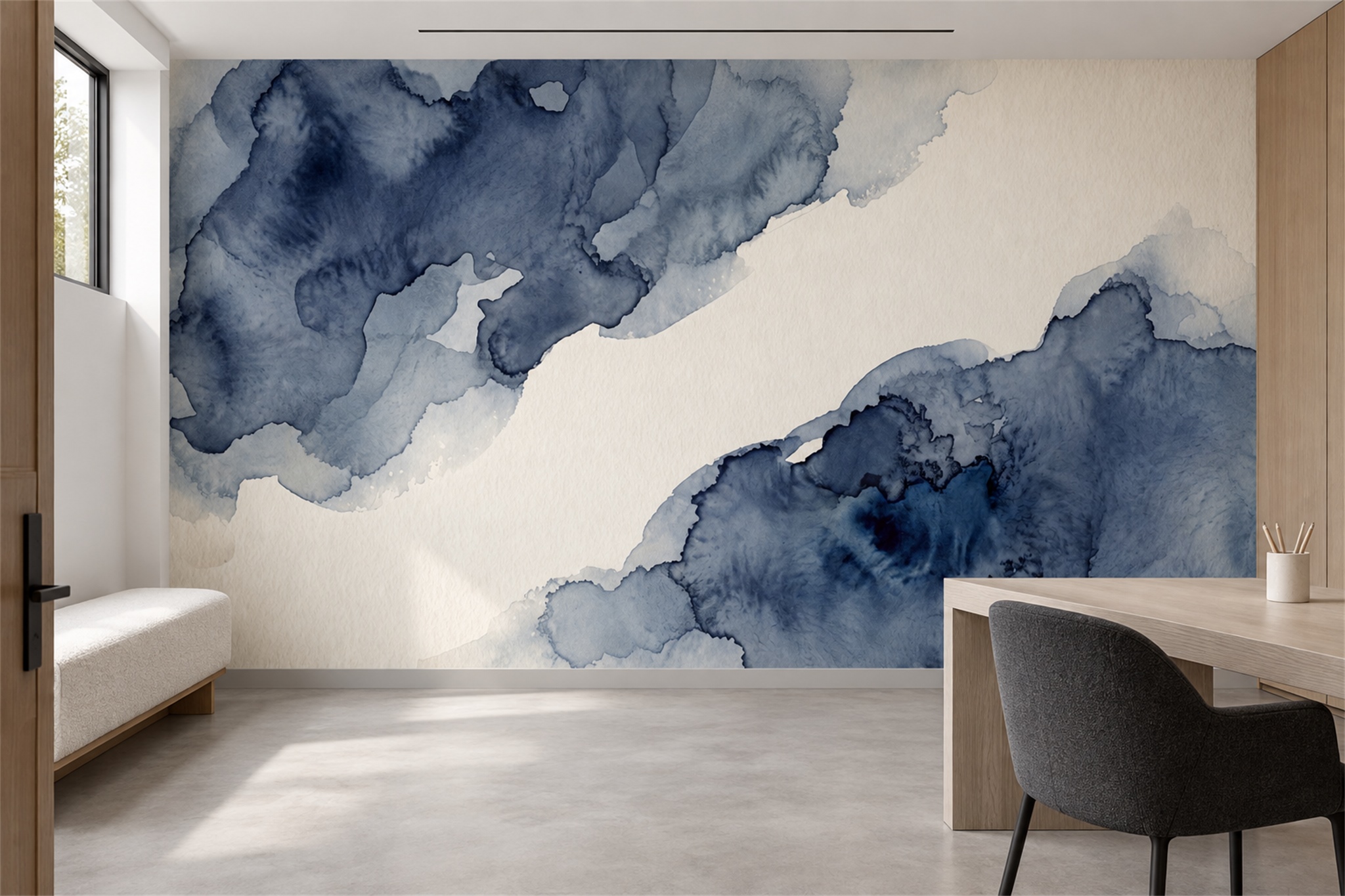 Navy Washed Artful Wallpaper Mural Accent-wall-wallpaper-murals, Peel-and-stick Finish