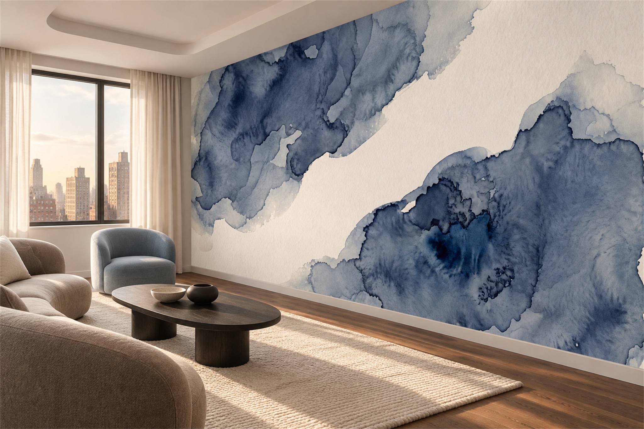 Navy Washed Artful Wallpaper Mural Accent-wall-wallpaper-murals, Peel-and-stick Finish