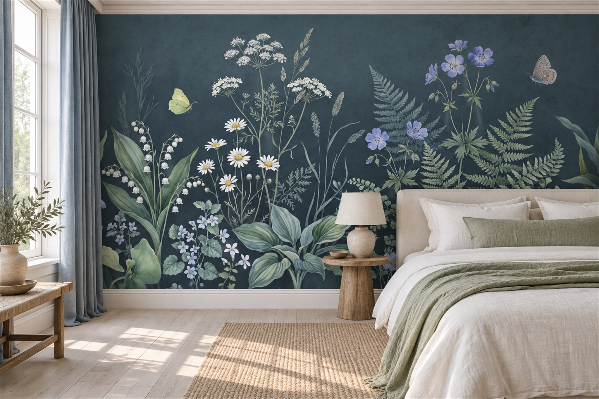 Blue Meadow Scenic Wallpaper Mural Bedroom-wallpaper-murals, Peel-and-stick Finish