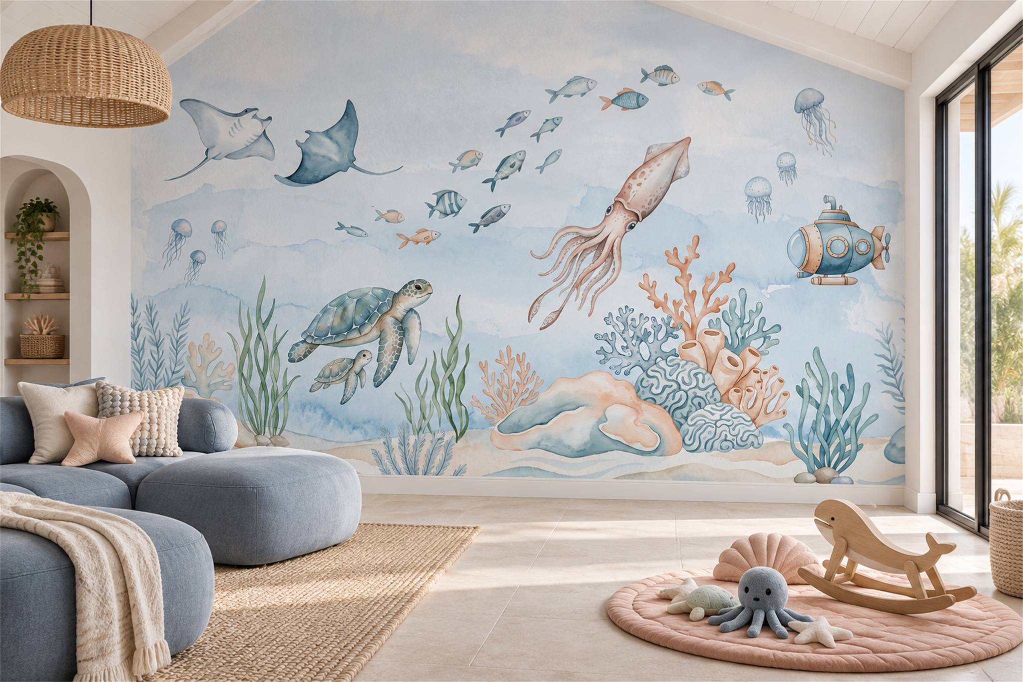 Aqua Ocean Scenic Decorative Wallpaper Mural Accent-wall-wallpaper-murals, Peel-and-stick Finish